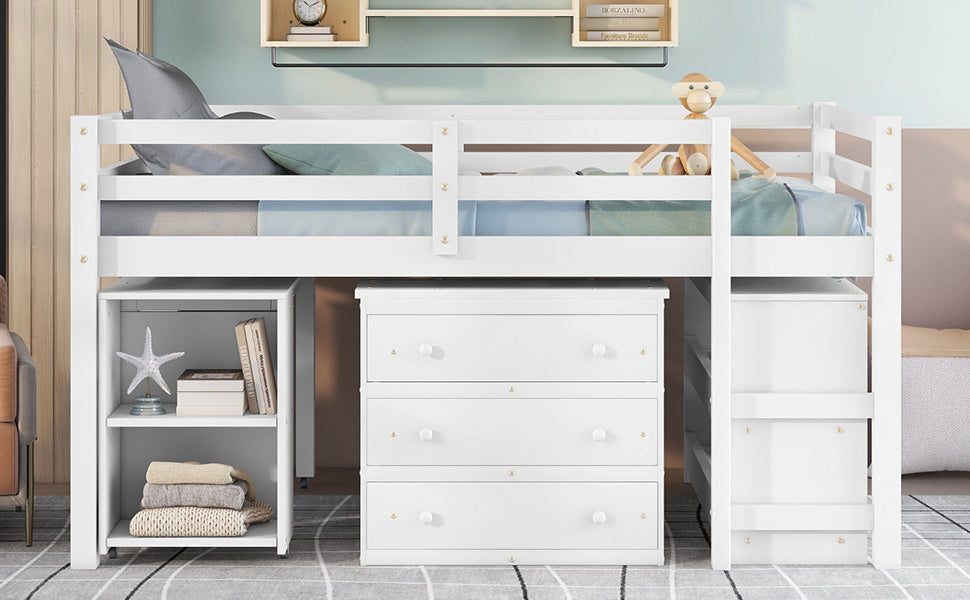 Low Study Full Loft Bed With Cabinet ,Shelves And Rolling Portable Desk ,Multiple Functions Bed White White Solid Wood