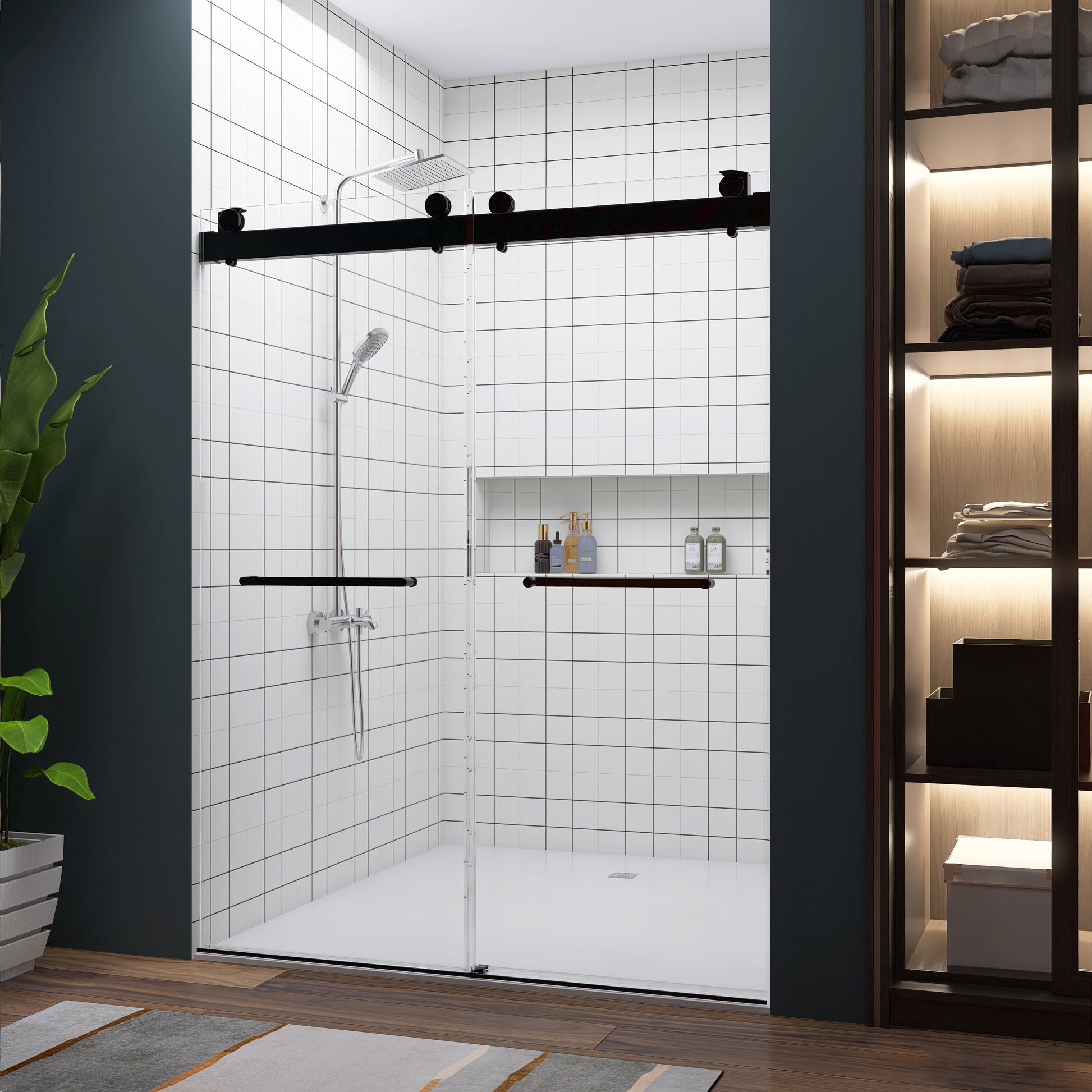 Frameless Double Sliding Shower, 57" 60" Width, 79" Height, 3 8" 10 Mm Clear Tempered Glass,Designed For Smooth Door Closing With Upgraded Crashproof System Technology Matte Black Finish Matte Black Glass