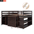 Low Study Full Loft Bed With Cabinet ,Shelves And Rolling Portable Desk ,Multiple Functions Bed Espresso Espresso Solid Wood