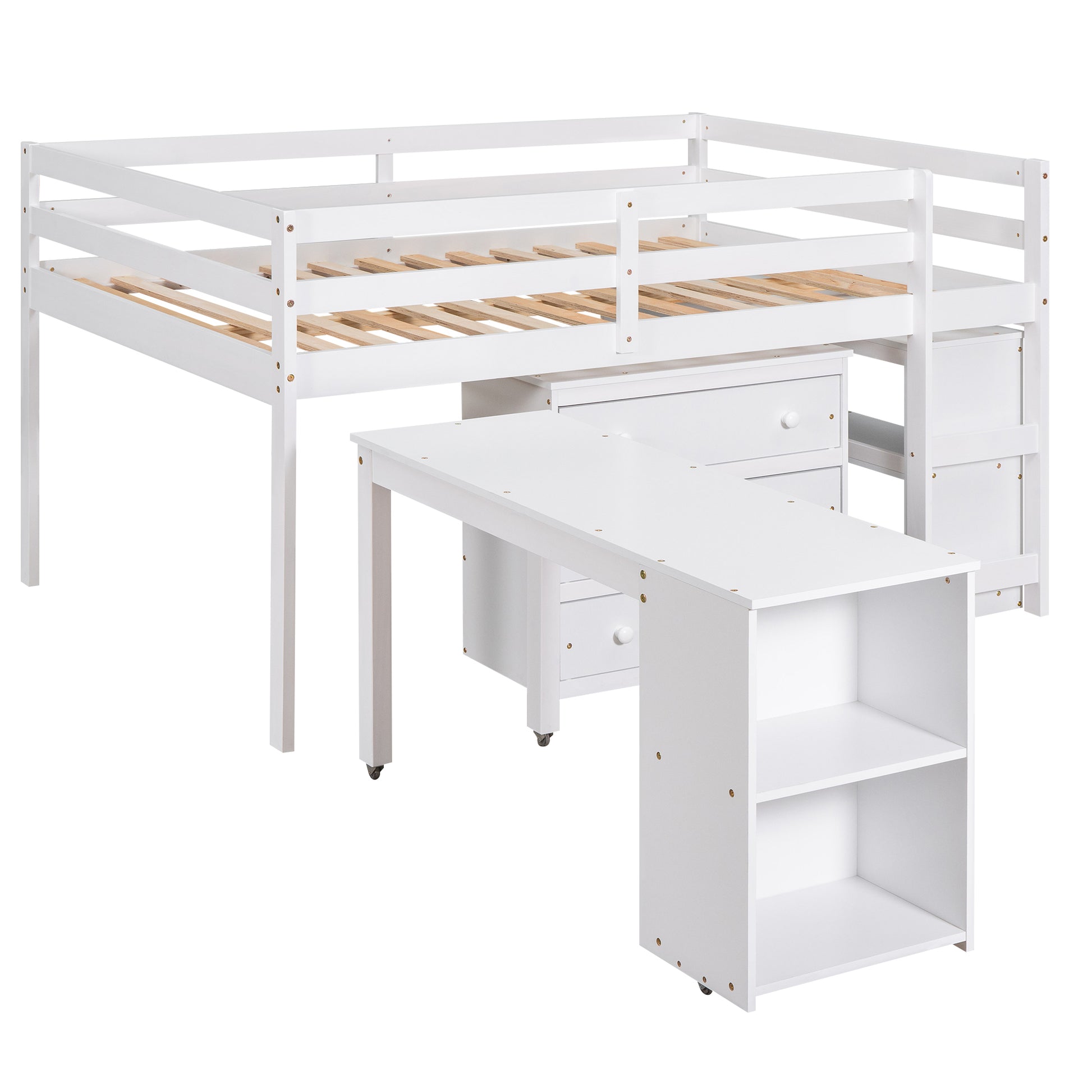 Low Study Full Loft Bed With Cabinet ,Shelves And Rolling Portable Desk ,Multiple Functions Bed White White Solid Wood