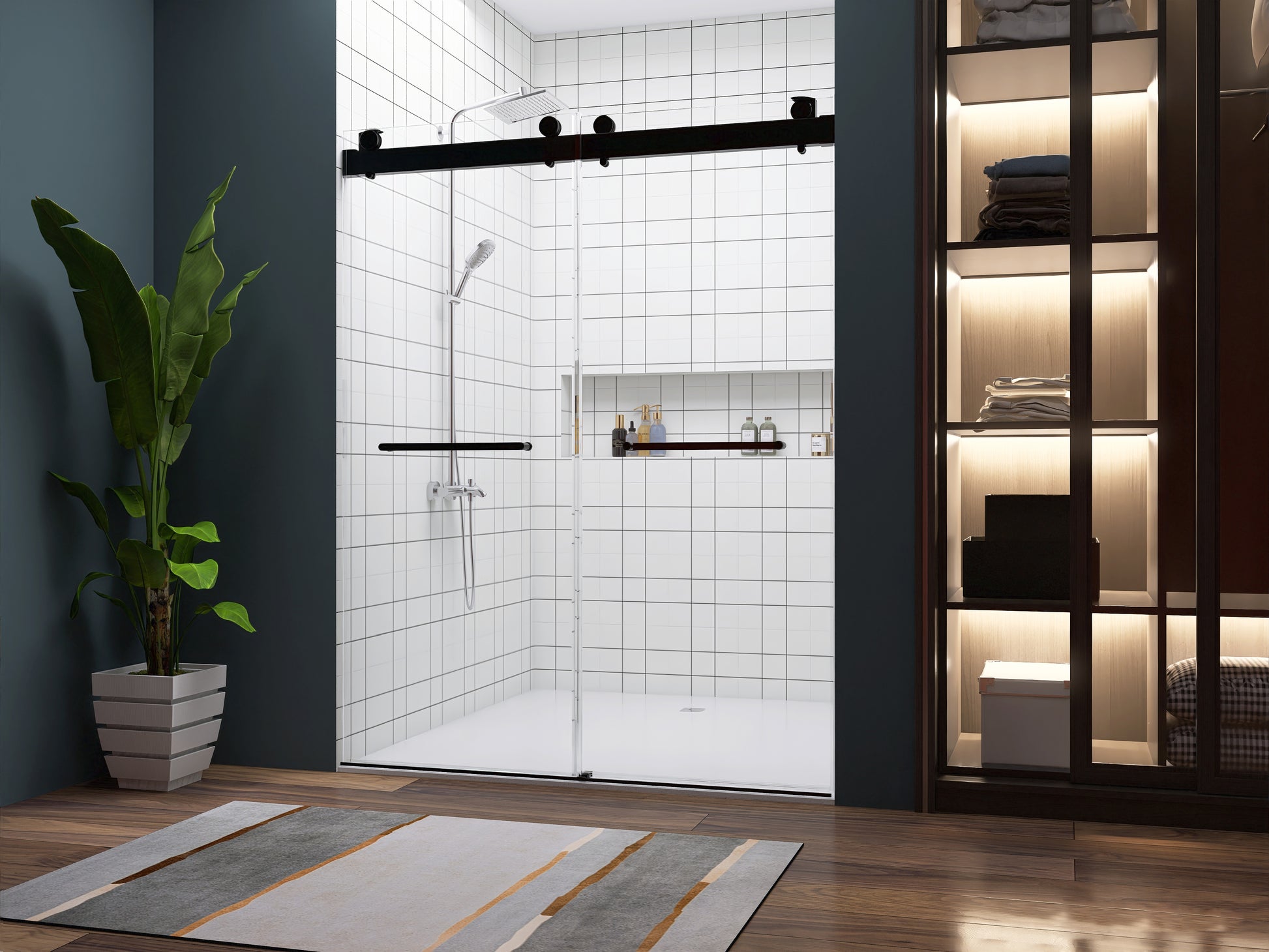 Frameless Double Sliding Shower, 57" 60" Width, 79" Height, 3 8" 10 Mm Clear Tempered Glass,Designed For Smooth Door Closing With Upgraded Crashproof System Technology Matte Black Finish Matte Black Glass