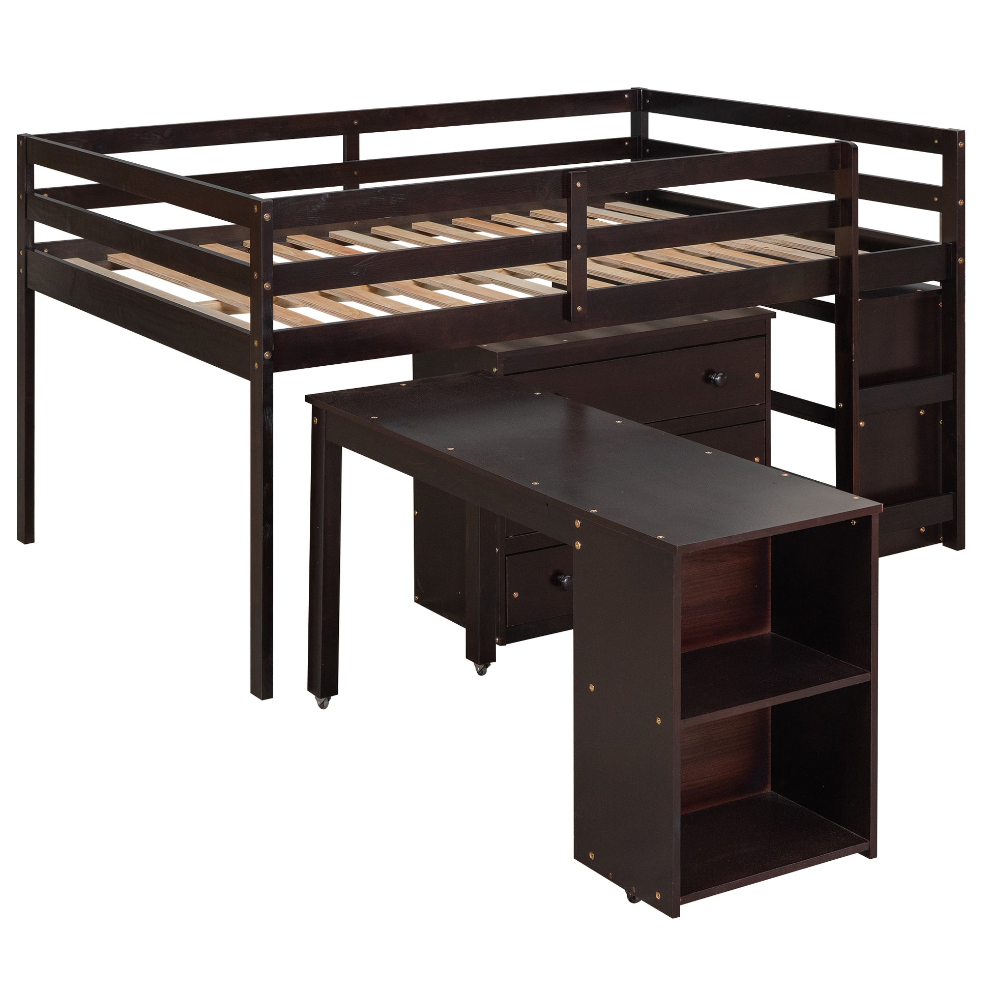 Low Study Full Loft Bed With Cabinet ,Shelves And Rolling Portable Desk ,Multiple Functions Bed Espresso Espresso Solid Wood