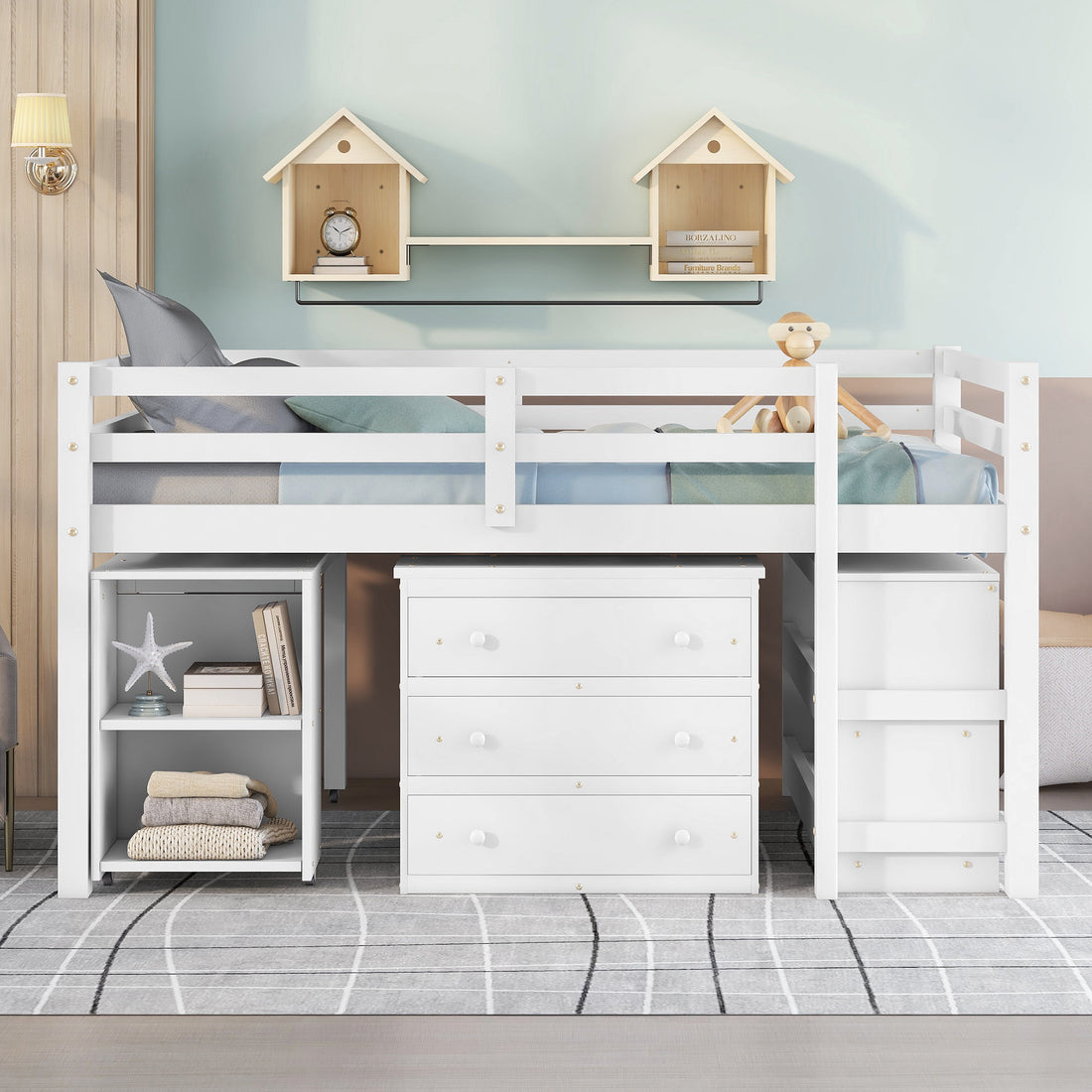Low Study Full Loft Bed With Cabinet ,Shelves And Rolling Portable Desk ,Multiple Functions Bed White White Solid Wood