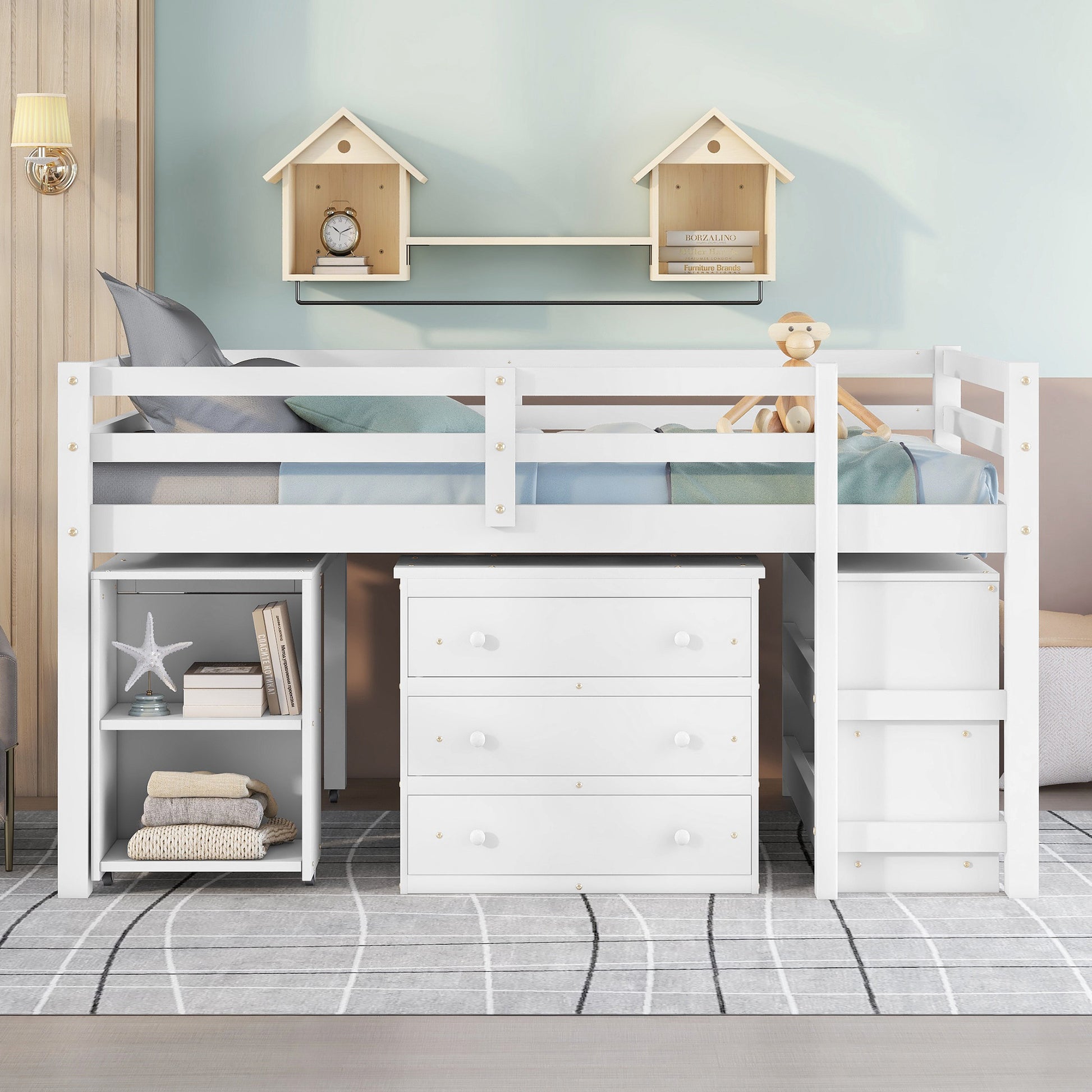 Low Study Full Loft Bed With Cabinet ,Shelves And Rolling Portable Desk ,Multiple Functions Bed White White Solid Wood