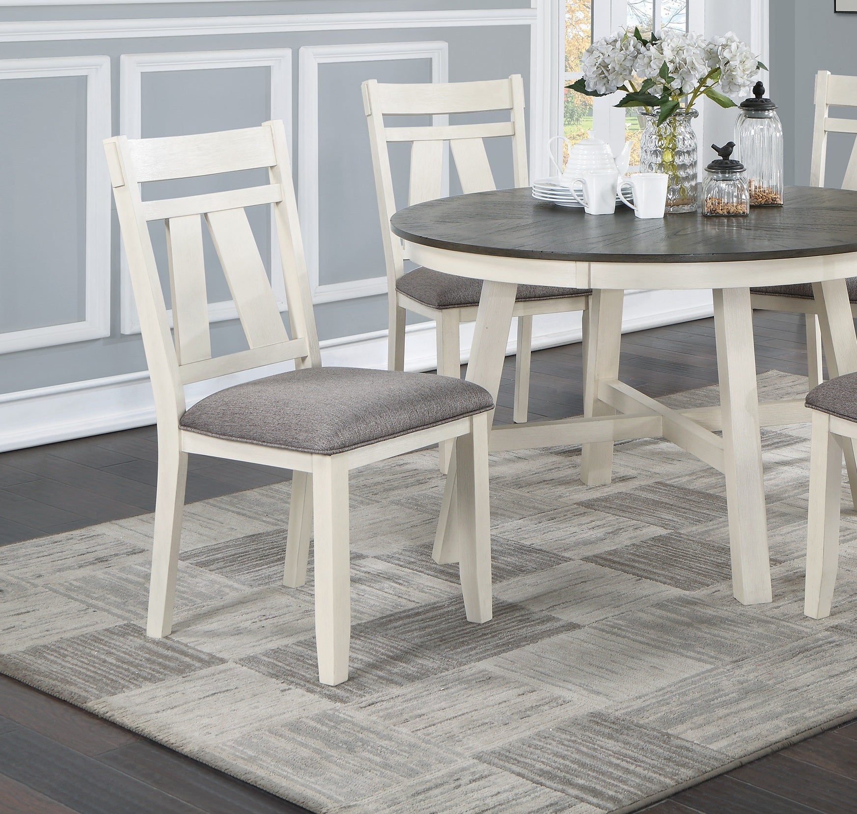 Dining Room Furniture 5Pc Dining Set Round Table And 4X Side Chairs Gray Fabric Cushion Seat White Clean Lines Wooden Table Top Antique White Gray Dining Room Classic,Contemporary,Modern Rubberwood Solid Wood