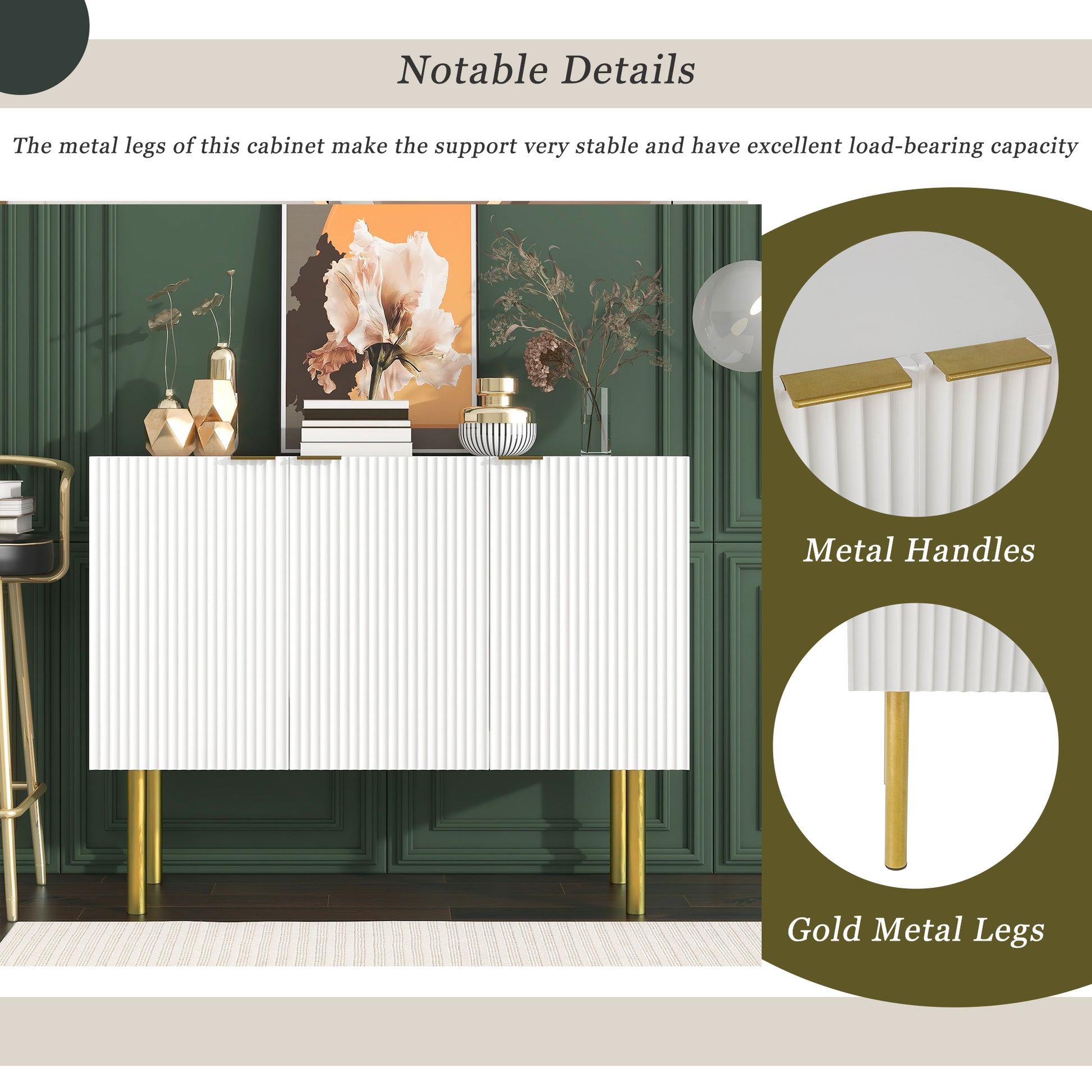 Modern Simple & Luxury Style Sideboard Particle Board & Mdf Board Cabinet With Gold Metal Legs & Handles, Adjustable Shelves For Living Room, Dining Room White White Particle Board