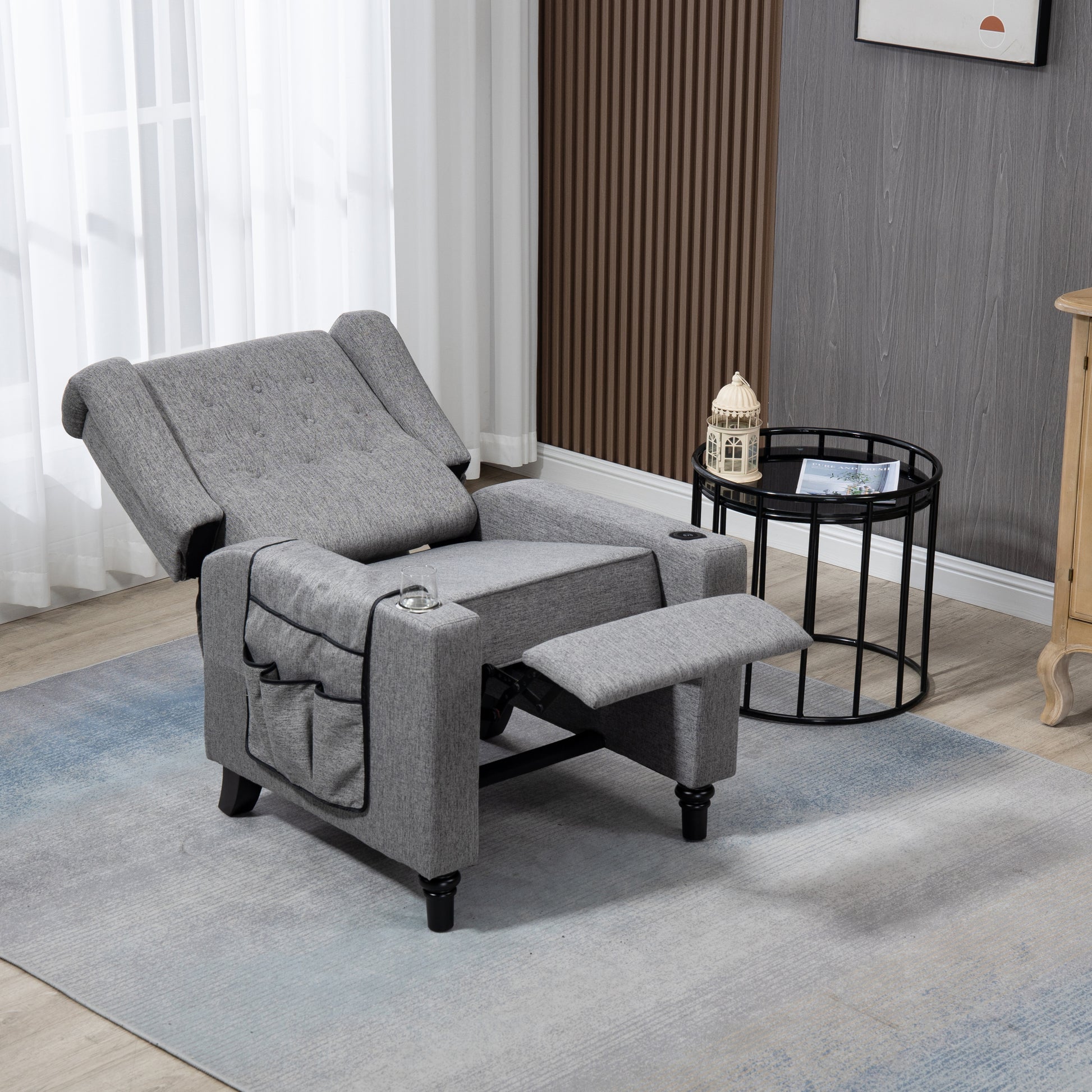 Arm Pushing Recliner Chair, Modern Button Tufted Wingback Push Back Recliner Chair, Living Room Chair Fabric Pushback Manual Single Reclining Sofa Home Theater Seating For Bedroom,Dark Gray Dark Gray Foam Linen