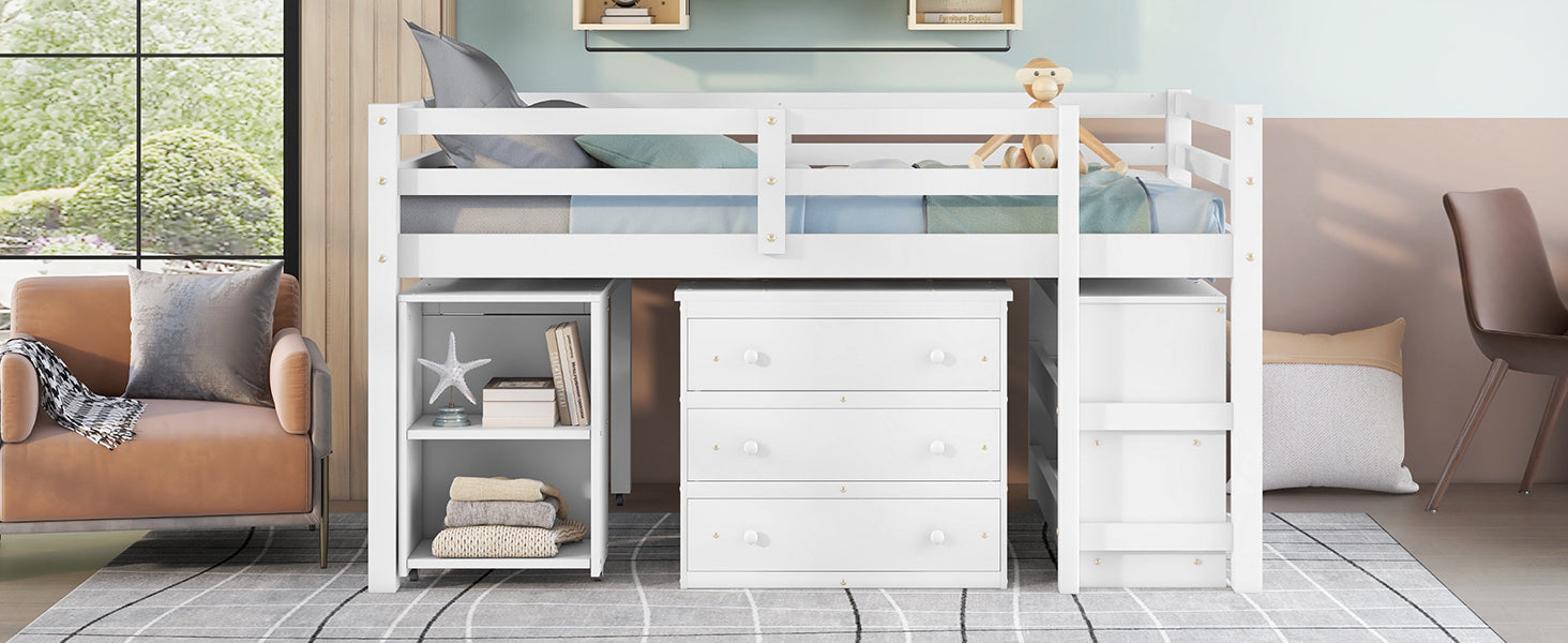 Low Study Full Loft Bed With Cabinet ,Shelves And Rolling Portable Desk ,Multiple Functions Bed White White Solid Wood