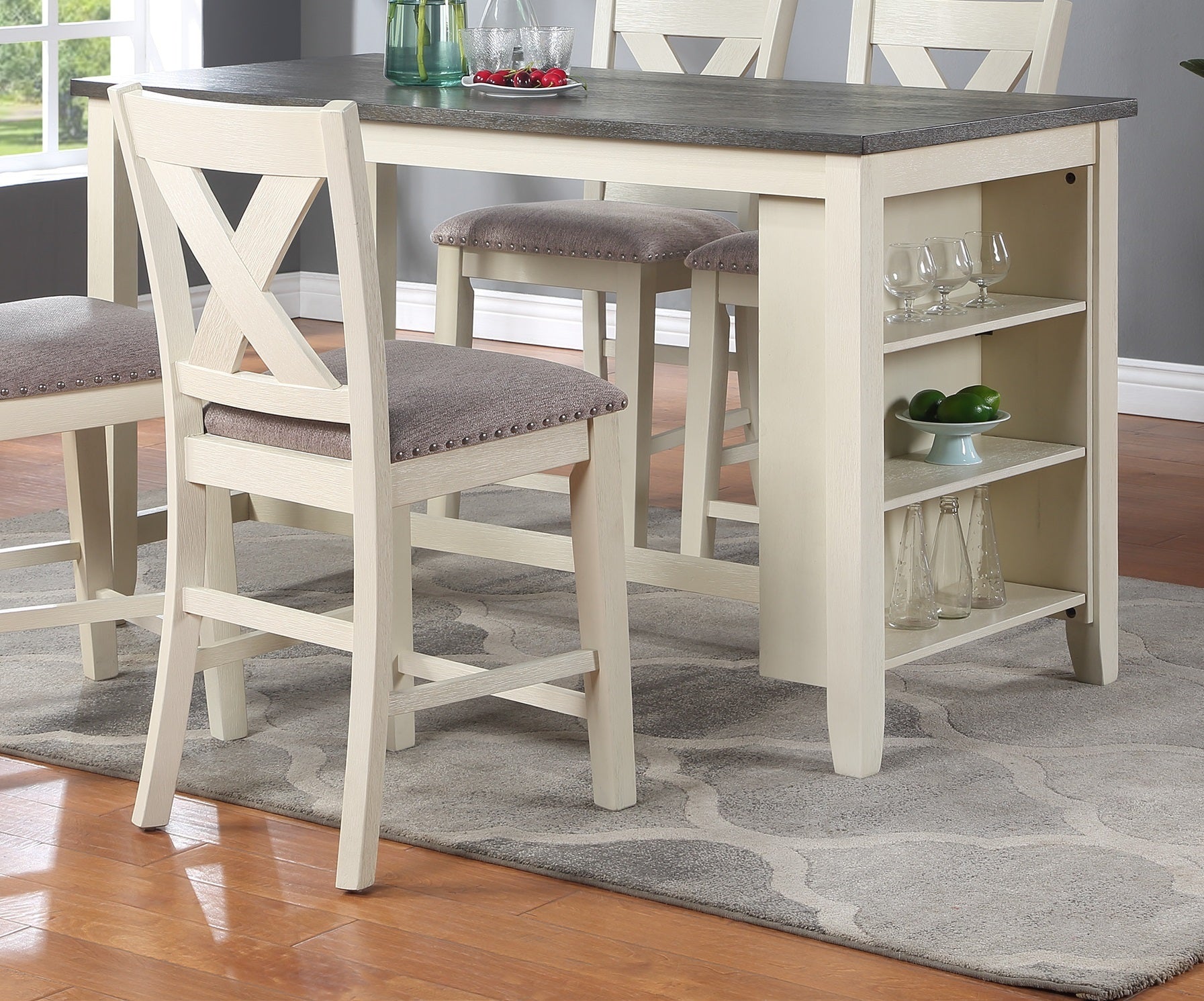 Modern Contemporary 5Pc Counter Height High Dining Table W Storage Shelves 4X High Chairs Wooden Kitchen Breakfast Table Dining Room Furniture Off White Solid Wood