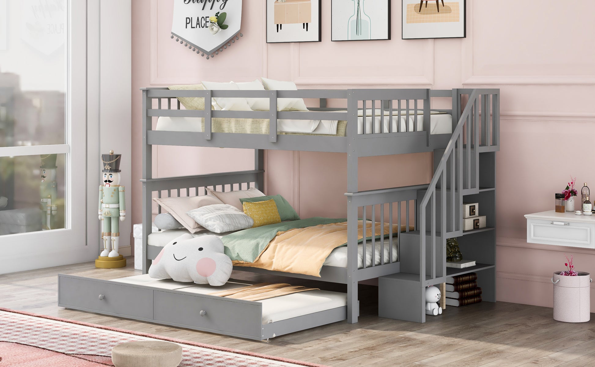 Stairway Full Over Full Bunk Bed With Twin Size Trundle, Storage And Guard Rail For Bedroom, Dorm Gray Old Sku :Lp001210Aae Gray Solid Wood