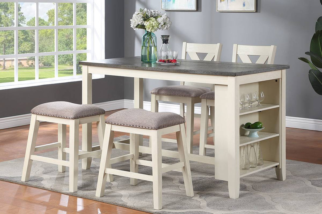 Modern Contemporary 5Pc Counter Height High Dining Table W Storage Shelves High Chairs And Stools Wooden Kitchen Breakfast Table Dining Room Furniture Off White Dining Room Classic,Contemporary Rubberwood Kitchen & Dining Tables Solid Wood