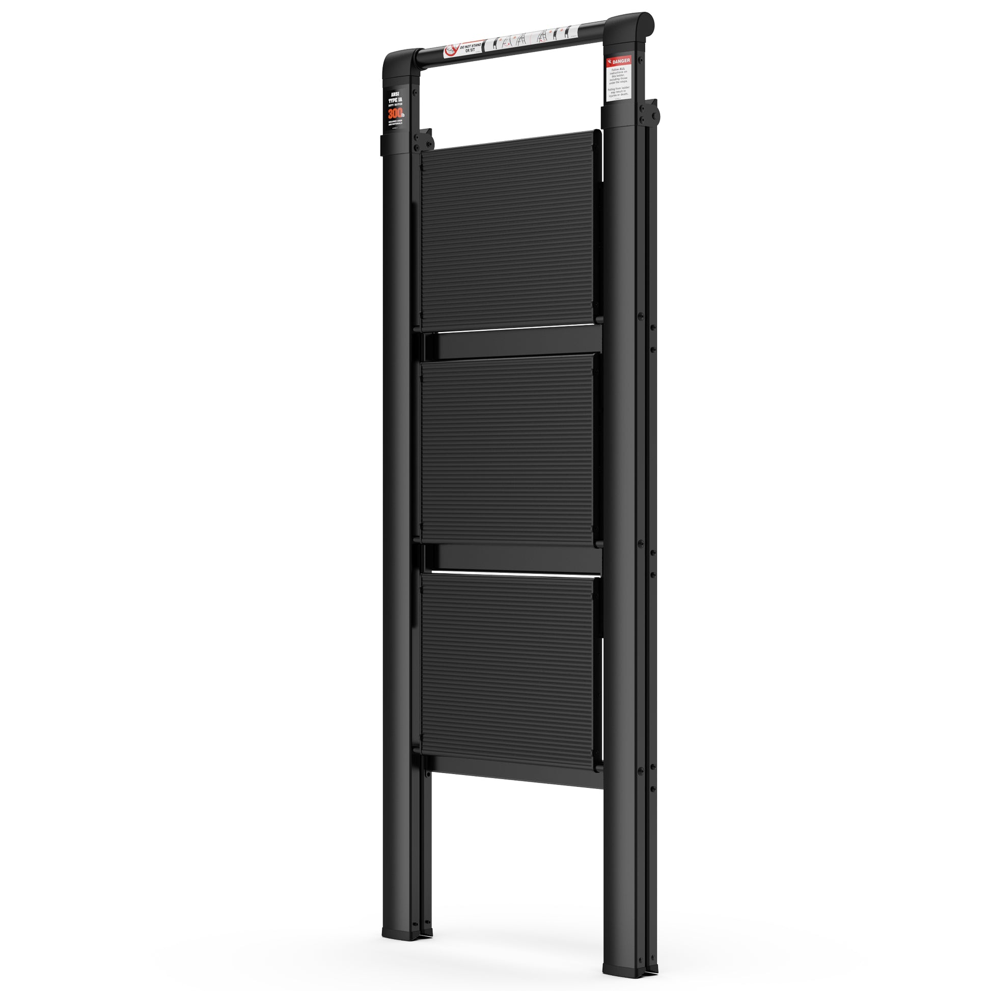 3 Step Ladder, Retractable Handgrip Folding Step Stool With Anti Slip Wide Pedal, Aluminum Stool Ladders 3 Steps, 300Lbs Safety Household Ladder Black Pc Aluminium