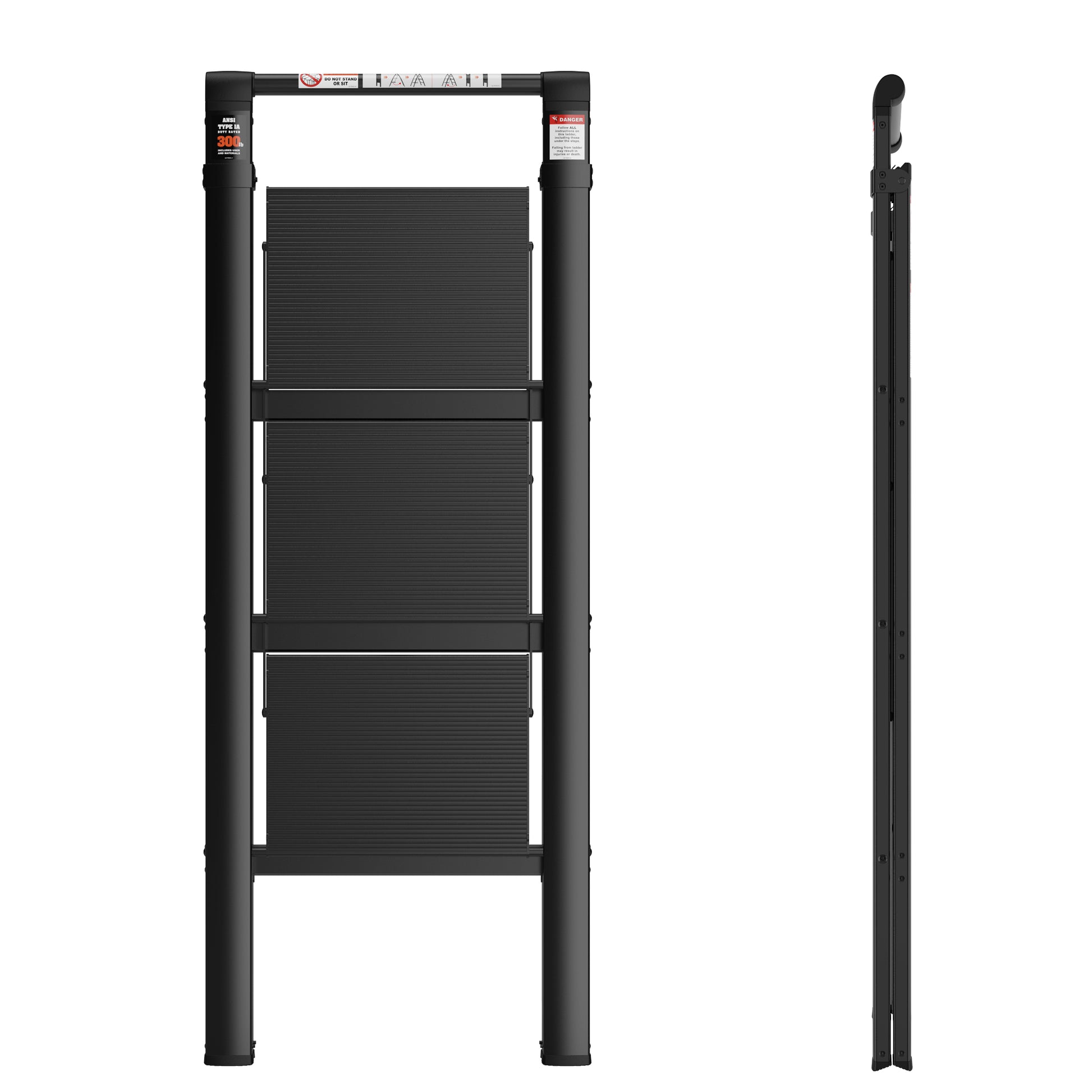 3 Step Ladder, Retractable Handgrip Folding Step Stool With Anti Slip Wide Pedal, Aluminum Stool Ladders 3 Steps, 300Lbs Safety Household Ladder Black Pc Aluminium
