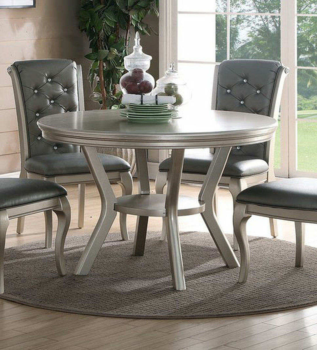 Formal Traditional Dining Table Round Table Silver Hue 5Pc Dining Table W Shelf 4X Side Chairs Tufted Back Dining Room Furniture Silver Gray Dining Room Classic,Traditional Rubberwood Kitchen & Dining Tables Solid Wood