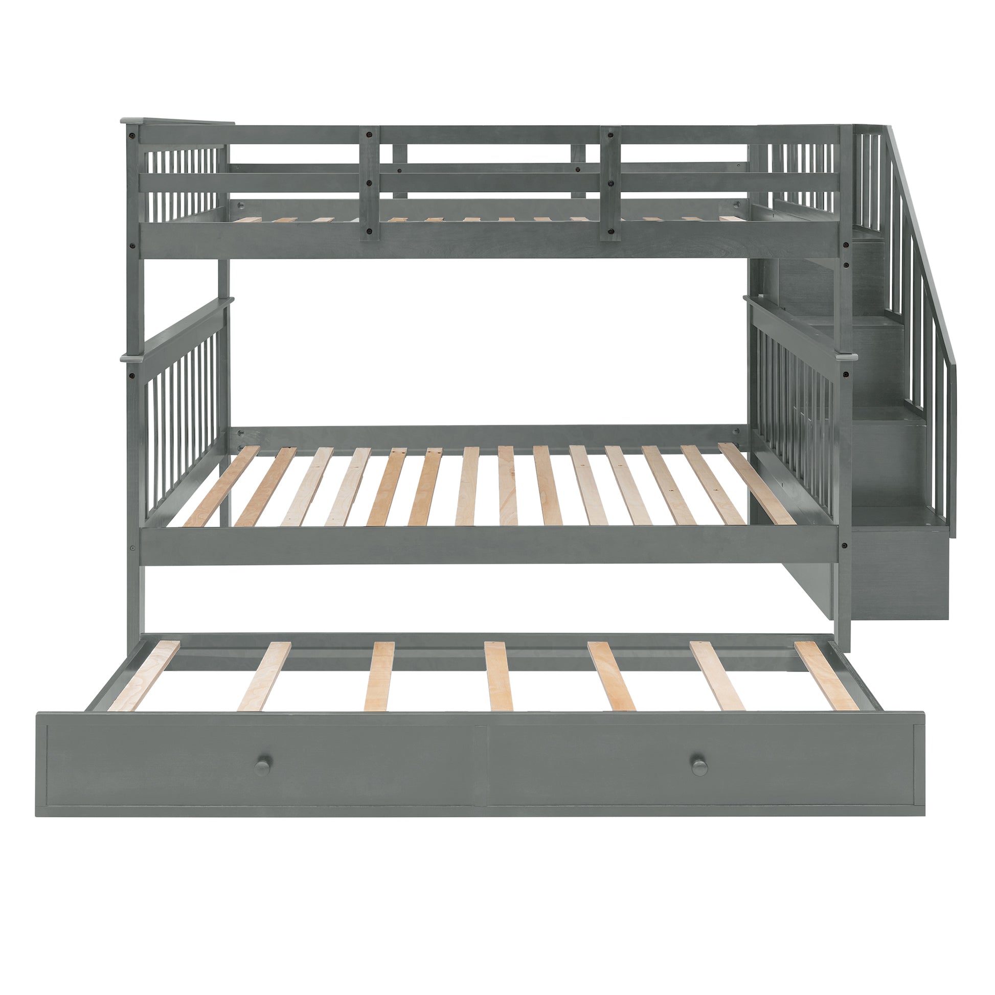 Stairway Full Over Full Bunk Bed With Twin Size Trundle, Storage And Guard Rail For Bedroom, Dorm Gray Old Sku :Lp001210Aae Gray Solid Wood