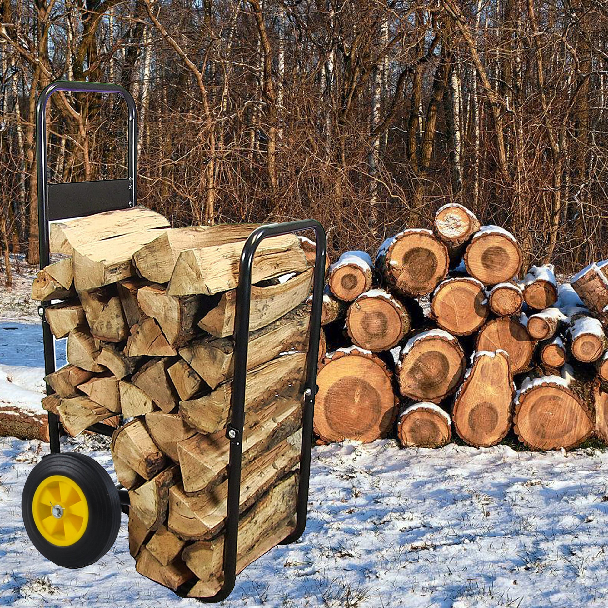 Firewood Log Cart Carrier Outdoor Or Indoor Black Steel Wood Rack Storage Mover Rolling Wheeled Metal Dolly Hauler Wood Moving Equipment Black Metal