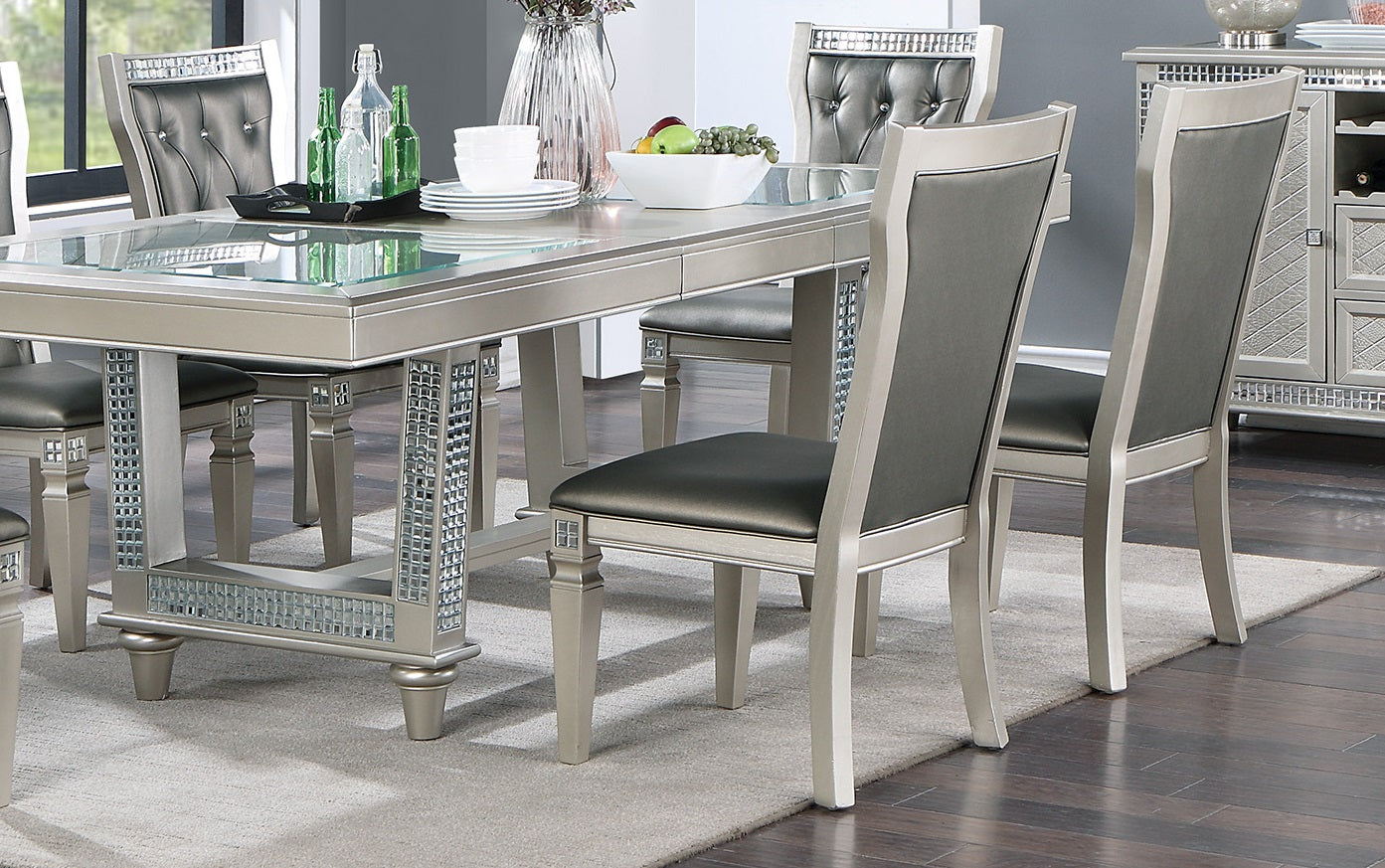 Antique Traditional Dining Table And 6 Side Chairs Rectangle Table Top W Glass Insert Leaf Tufted Chairs Kitchen Formal 7Pc Set Dining Room Furniture Silver Gray Dining Room Classic,Traditional Rubberwood Solid Wood