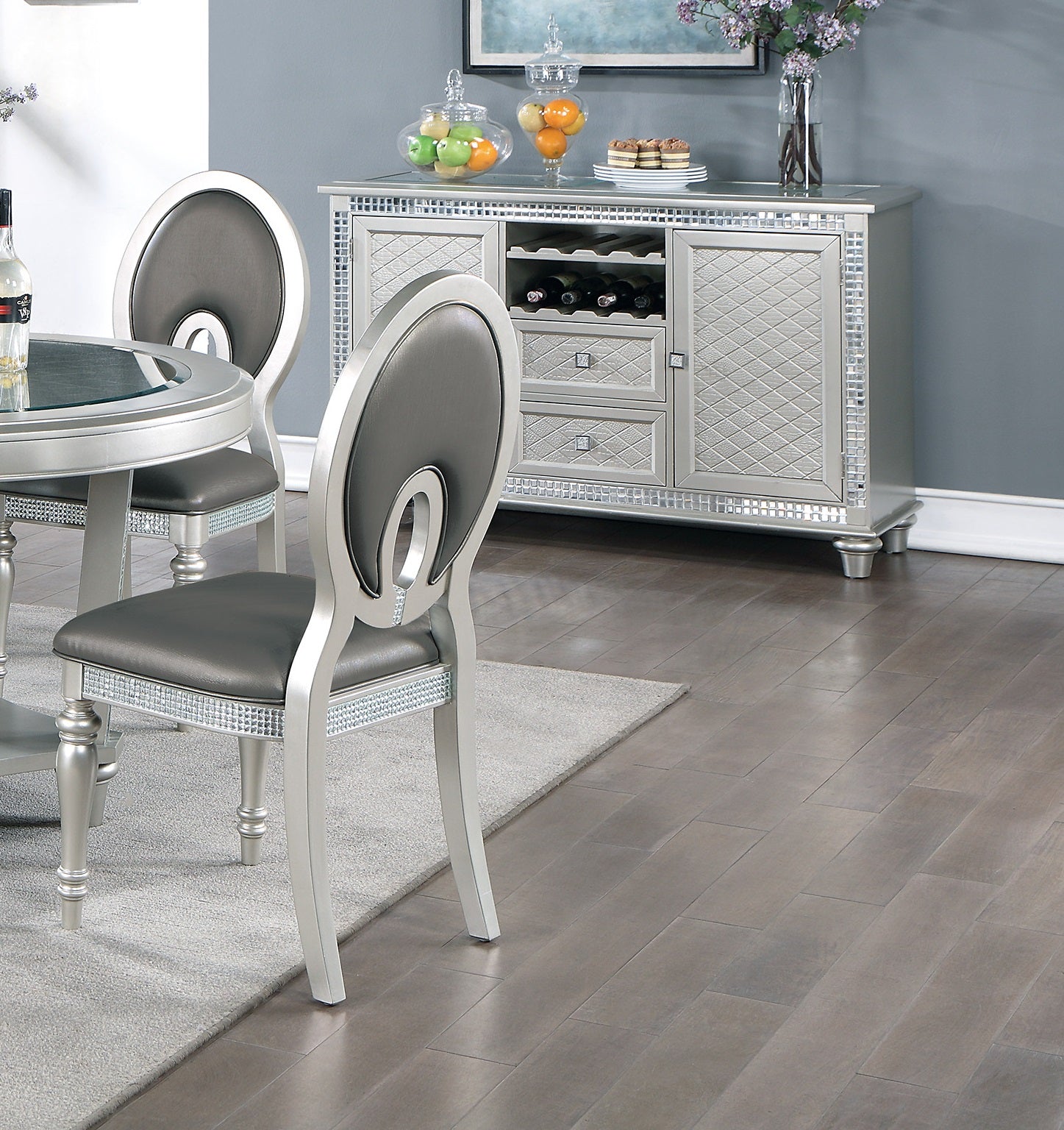 Antique Traditional Dining Table And 6 Side Chairs Rectangle Table Top W Glass Insert Leaf Cut Out Back Chairs Kitchen Formal 7Pc Set Dining Room Furniture Silver Gray Dining Room