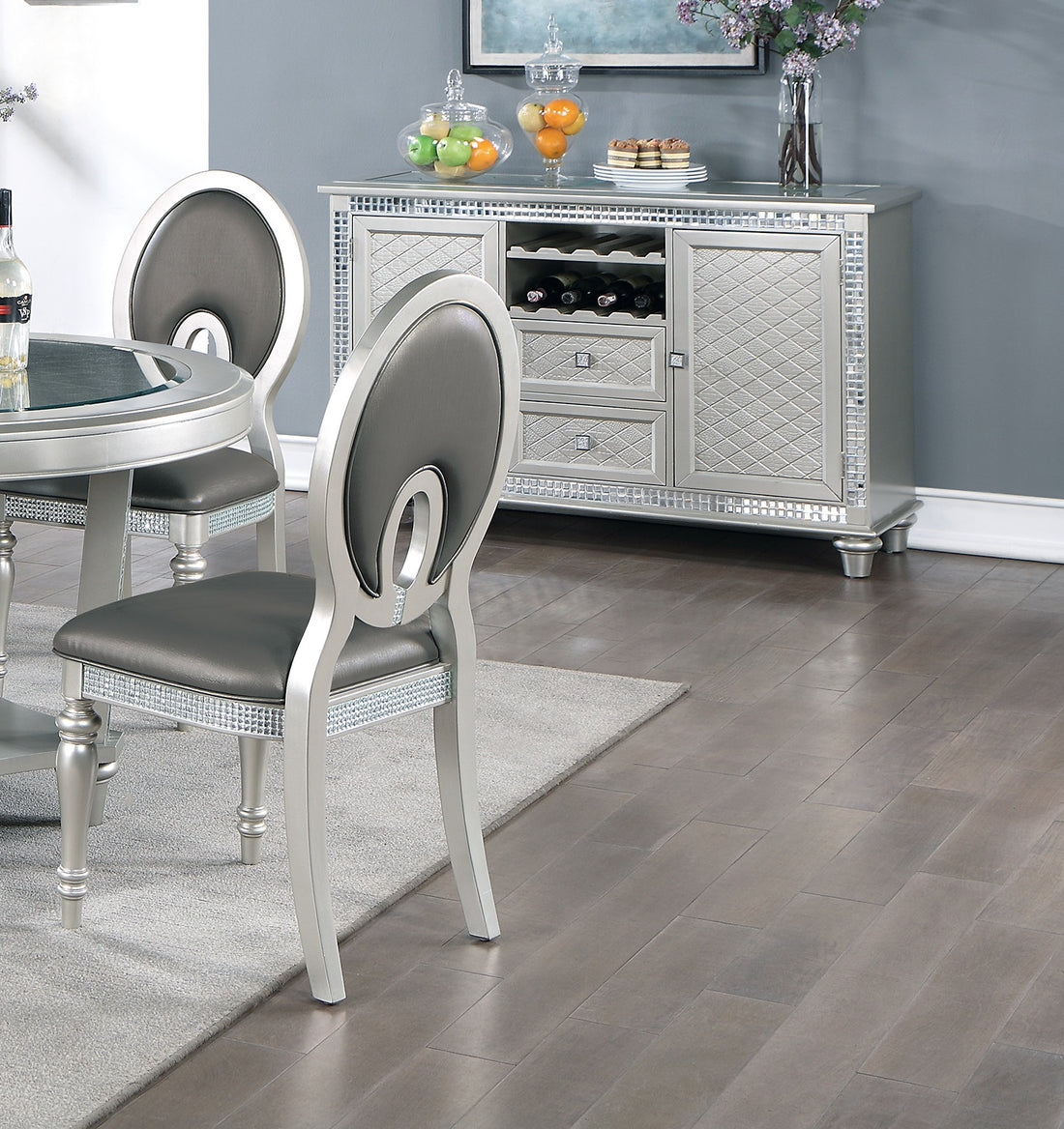 Formal Traditional Dining Room Furniture Chairs Set Of 2 Chairs Dark Gray Hue Accent Silver Side Chair Cutout Back Chair Cushion Seat Silver Dining Room Classic,Traditional Solid Wood