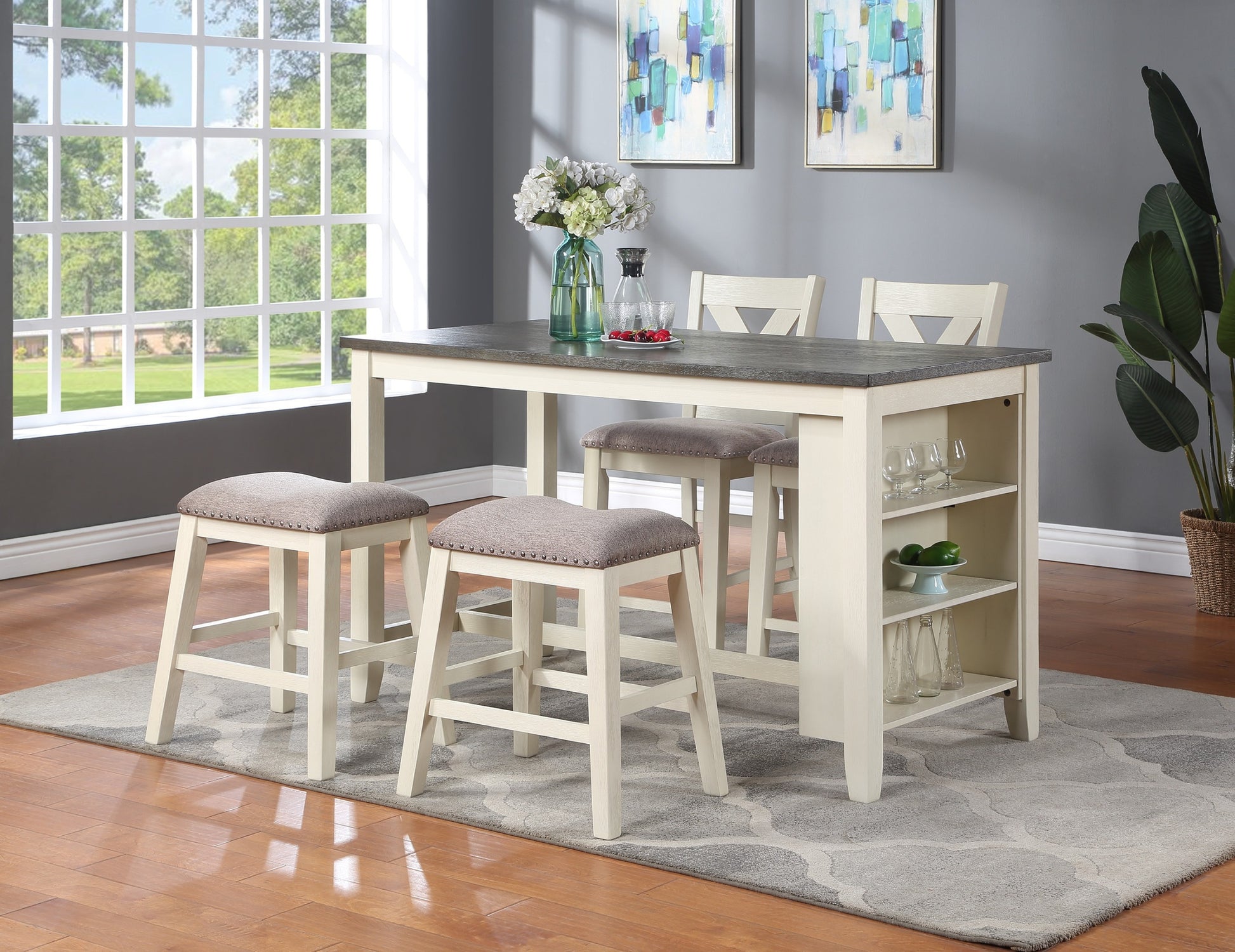 Modern Contemporary 5Pc Counter Height High Dining Table W Storage Shelves High Chairs And Stools Wooden Kitchen Breakfast Table Dining Room Furniture Off White Dining Room Classic,Contemporary Rubberwood Kitchen & Dining Tables Solid Wood