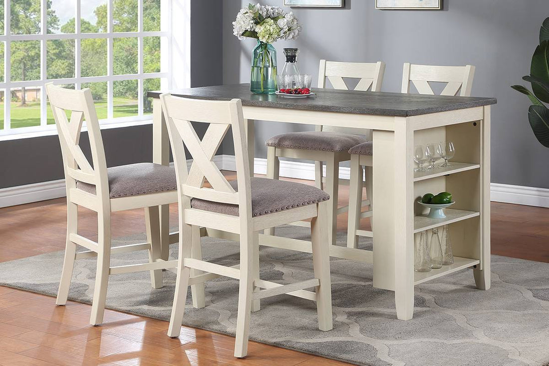 Modern Contemporary 5Pc Counter Height High Dining Table W Storage Shelves 4X High Chairs Wooden Kitchen Breakfast Table Dining Room Furniture Off White Solid Wood