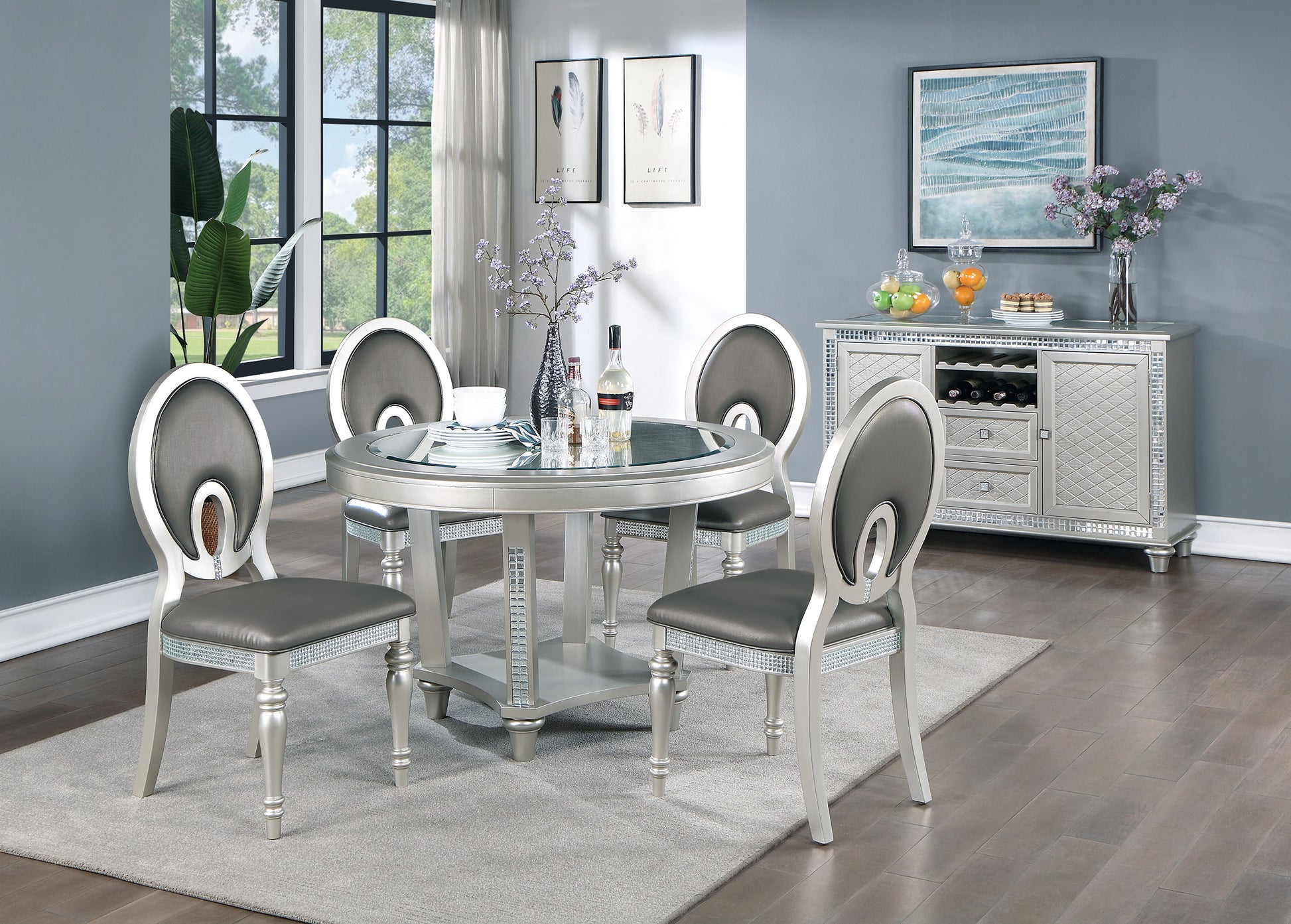 Formal Traditional Dining Room Furniture Chairs Set Of 2 Chairs Dark Gray Hue Accent Silver Side Chair Cutout Back Chair Cushion Seat Silver Dining Room Classic,Traditional Solid Wood