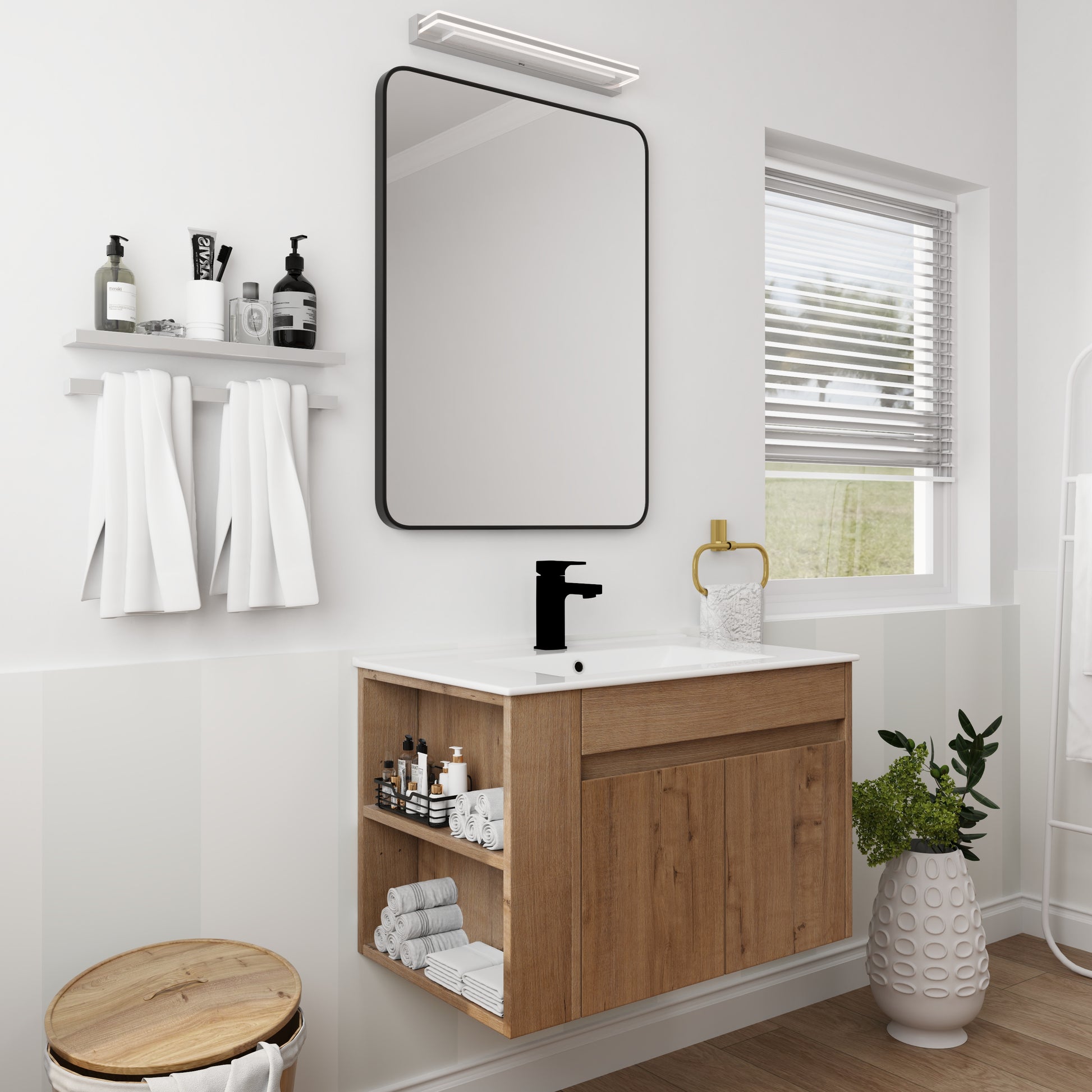 30 Inch Bathroom Vanity With White Ceramic Basin And Adjust Open Shelf Kd Packing Imitative Oak Plywood