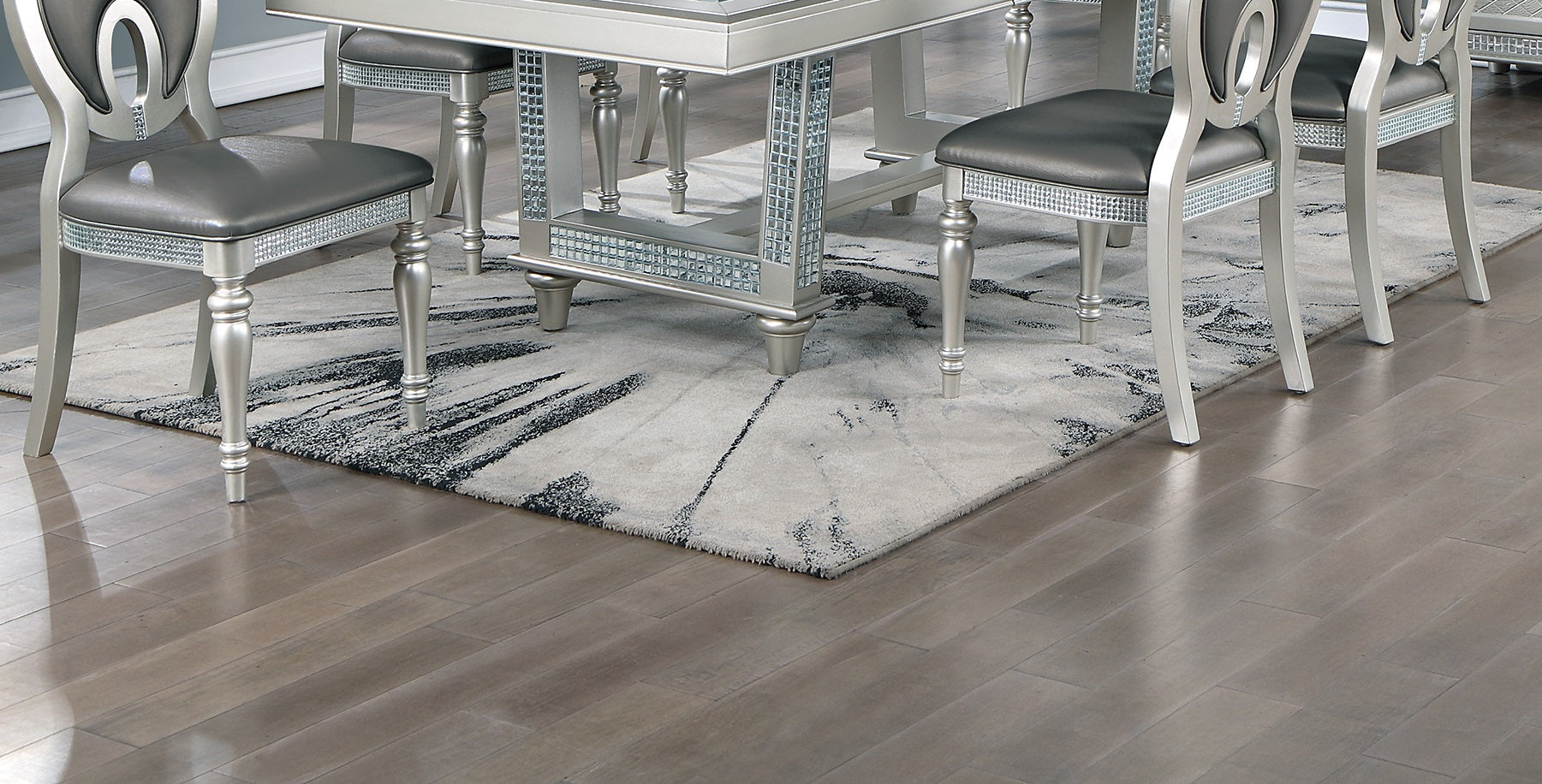 Antique Traditional Dining Table And 6 Side Chairs Rectangle Table Top W Glass Insert Leaf Cut Out Back Chairs Kitchen Formal 7Pc Set Dining Room Furniture Silver Gray Dining Room