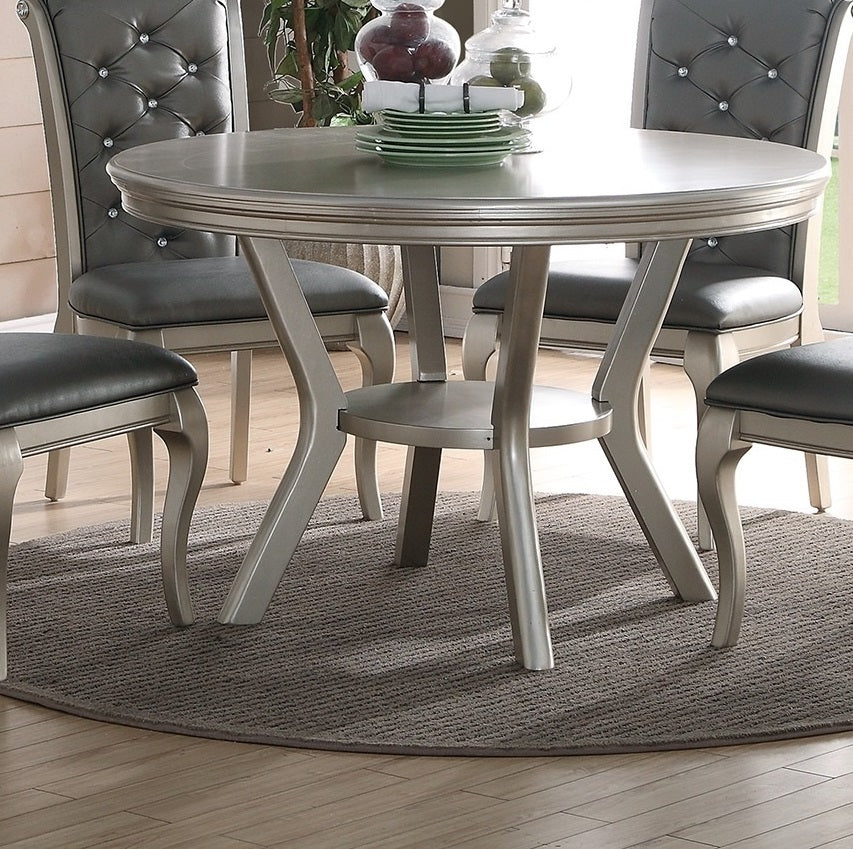 Formal Traditional Dining Table Round Table Silver Hue 5Pc Dining Table W Shelf 4X Side Chairs Tufted Back Dining Room Furniture Silver Gray Dining Room Classic,Traditional Rubberwood Kitchen & Dining Tables Solid Wood