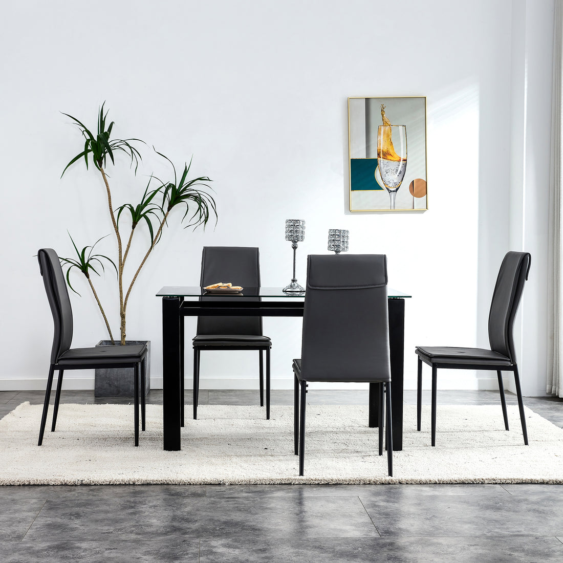 5 Pieces Dining Table Set For 4,Kitchen Room Tempered Glass Dining Table ,4 Faux Leather Chairs ,Black Black Leather