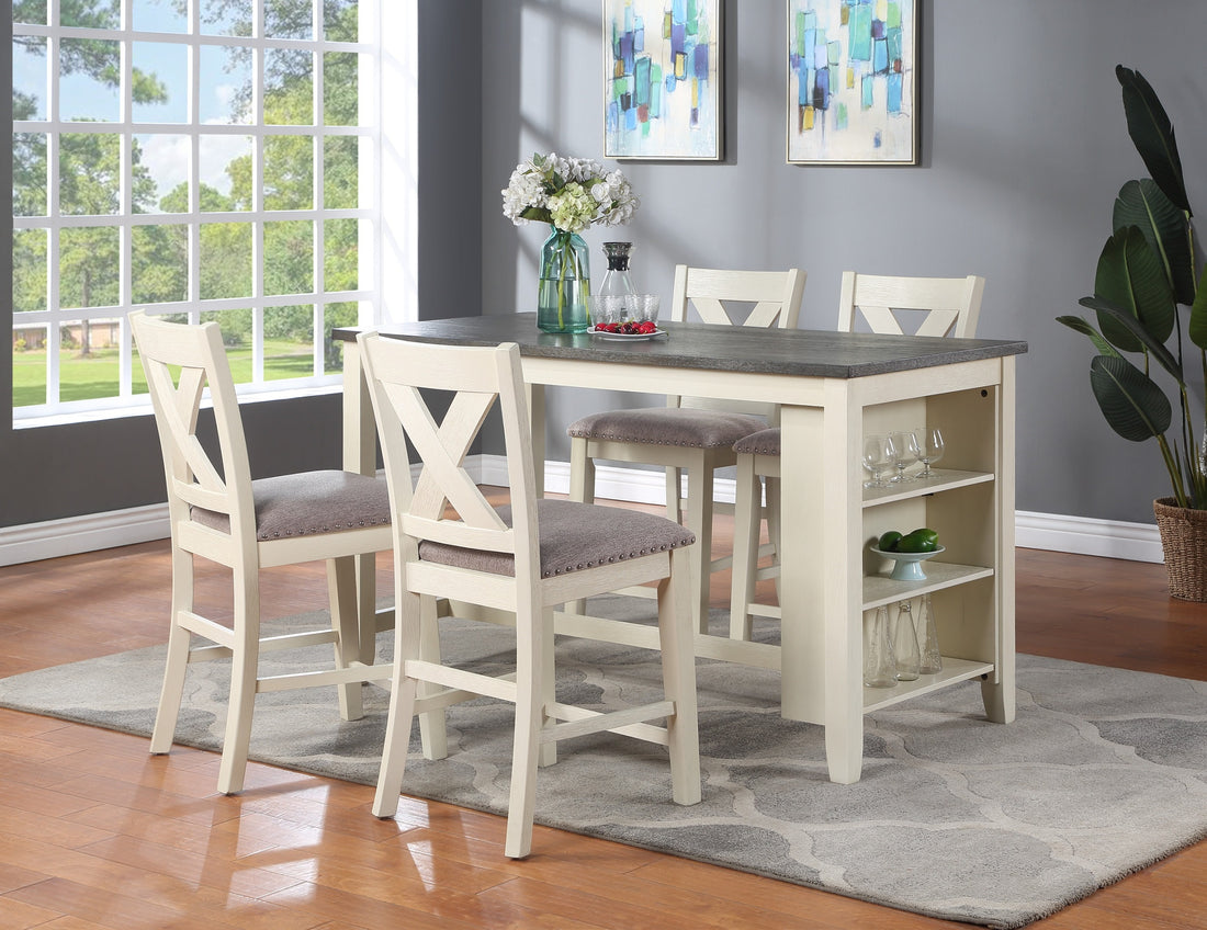 Modern Contemporary 5Pc Counter Height High Dining Table W Storage Shelves 4X High Chairs Wooden Kitchen Breakfast Table Dining Room Furniture Off White Solid Wood