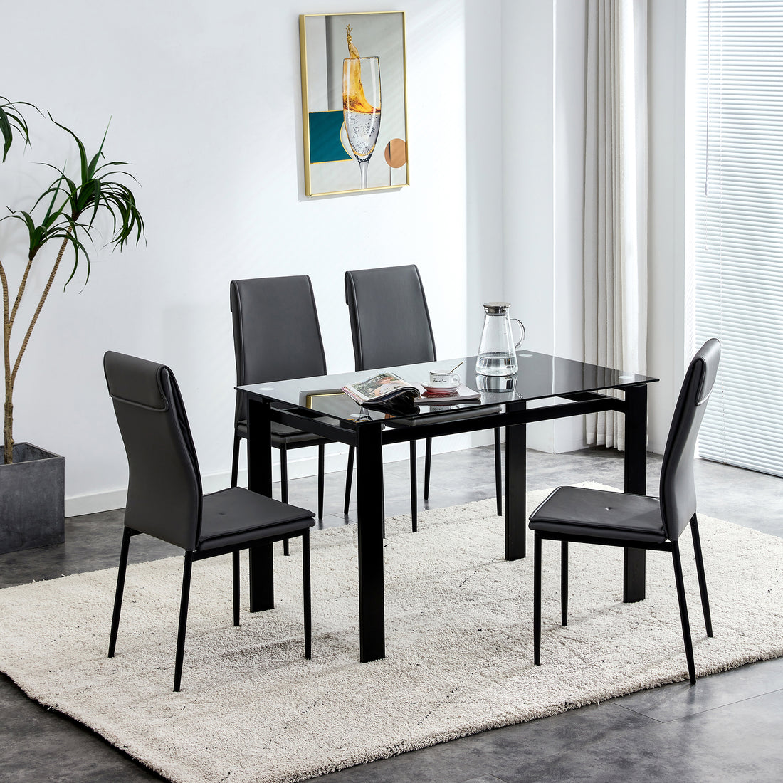 5 Pieces Dining Table Set For 4,Kitchen Room Tempered Glass Dining Table ,4 Faux Leather Chairs ,Black Black Leather