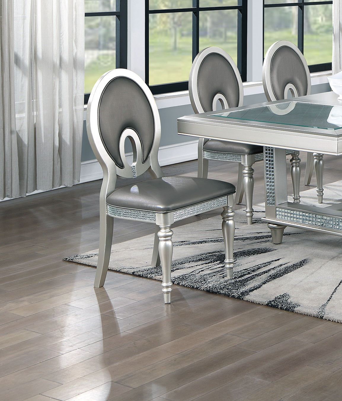 Antique Traditional Dining Table And 6 Side Chairs Rectangle Table Top W Glass Insert Leaf Cut Out Back Chairs Kitchen Formal 7Pc Set Dining Room Furniture Silver Gray Dining Room