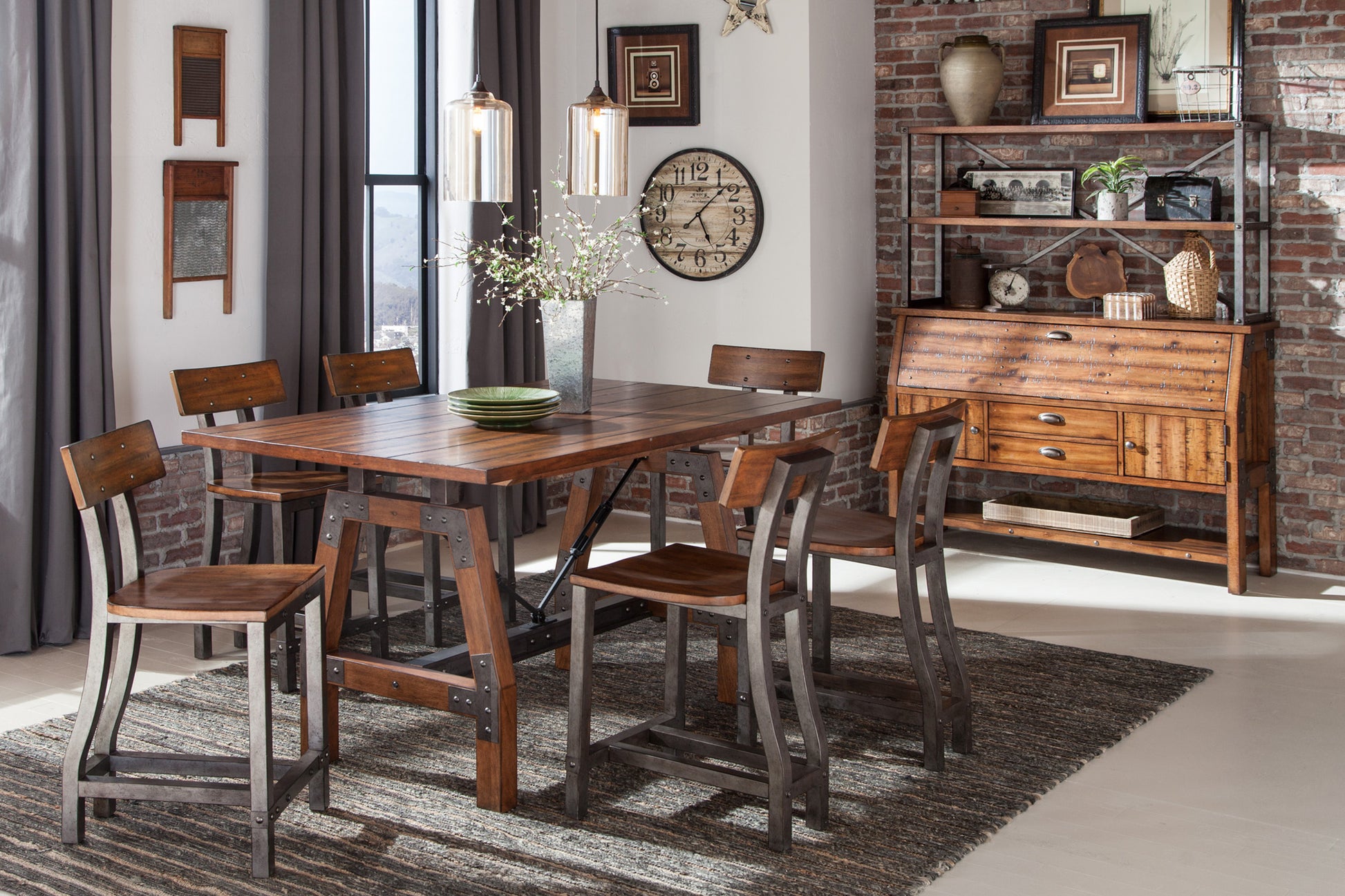 Rustic Brown And Gunmetal Finish 7Pc Dining Set Counter Height Table And 6X Counter Height Chairs Industrial Design Wooden Dining Furniture Multicolor Seats 6 Dining Room Industrial,Rustic
