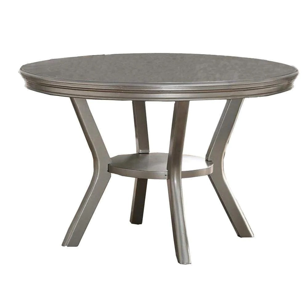 Formal Traditional Dining Table Round Table Silver Hue 5Pc Dining Table W Shelf 4X Side Chairs Tufted Back Dining Room Furniture Silver Gray Dining Room Classic,Traditional Rubberwood Kitchen & Dining Tables Solid Wood