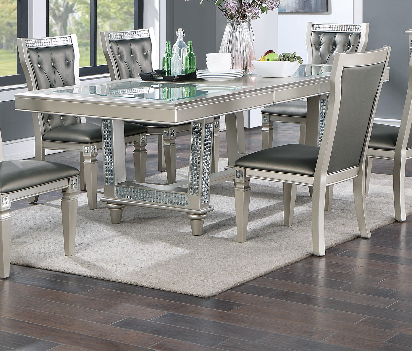 Antique Traditional Dining Table And 6 Side Chairs Rectangle Table Top W Glass Insert Leaf Tufted Chairs Kitchen Formal 7Pc Set Dining Room Furniture Silver Gray Dining Room Classic,Traditional Rubberwood Solid Wood