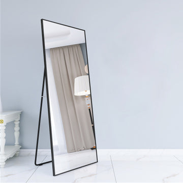 Wall Mounted Alloy Frame Full Length Mirror, Black Black Glass