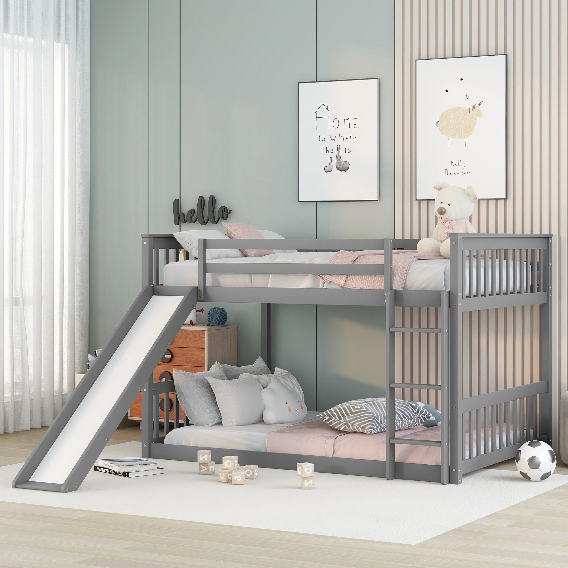 Full Over Full Bunk Bed With Slide And Ladder In Grey Color Grey Pine