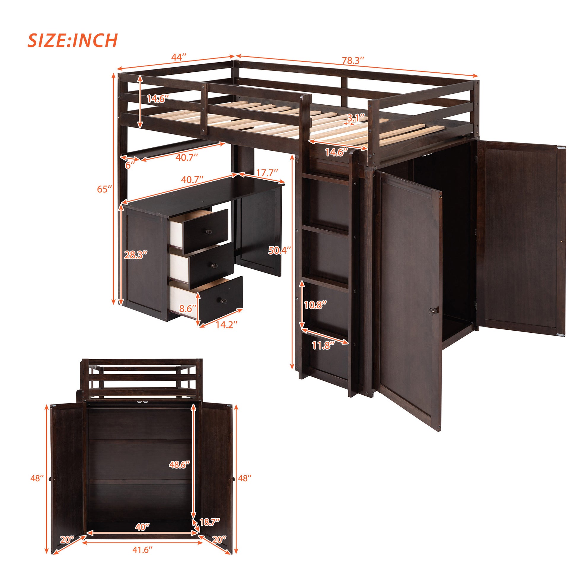 Twin Size Loft Bed With Drawers,Desk,And Wardrobe Espresso Espresso Solid Wood