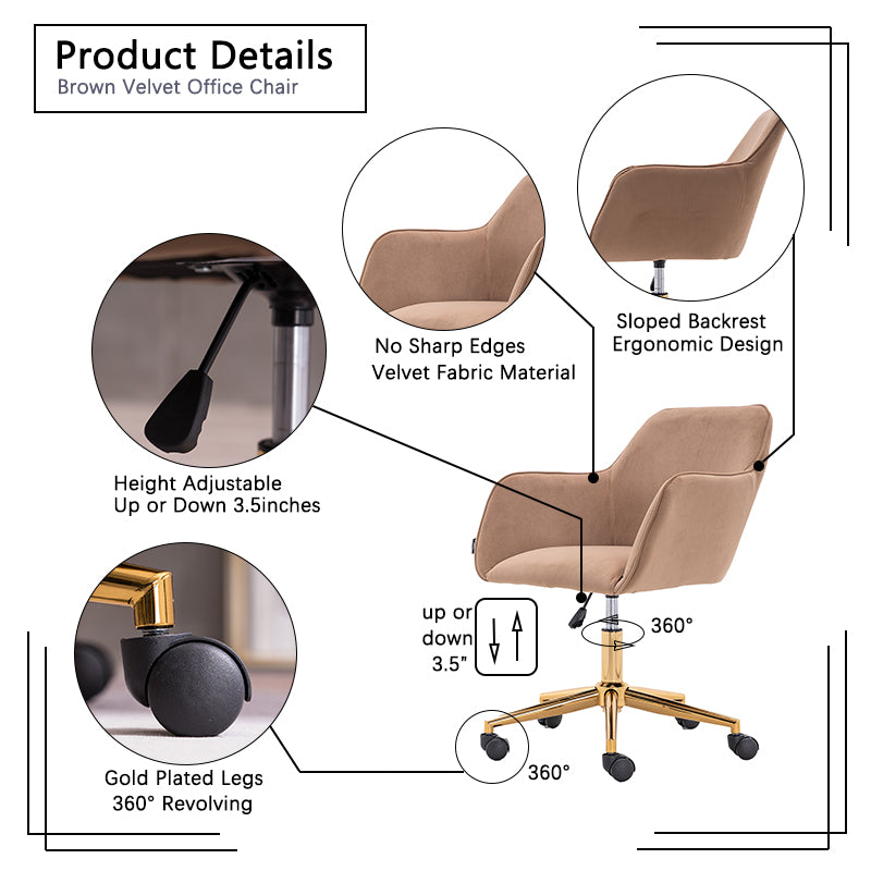 002 Velvet Fabric Adjustable Height 360 Revolving Home Office Chair With Gold Metal Legs And Universal Wheels For Indoor,Light Coffee Coffee Primary Living Space Foam Wipe Clean Modern Accent Chairs Foam Swivel Velvet