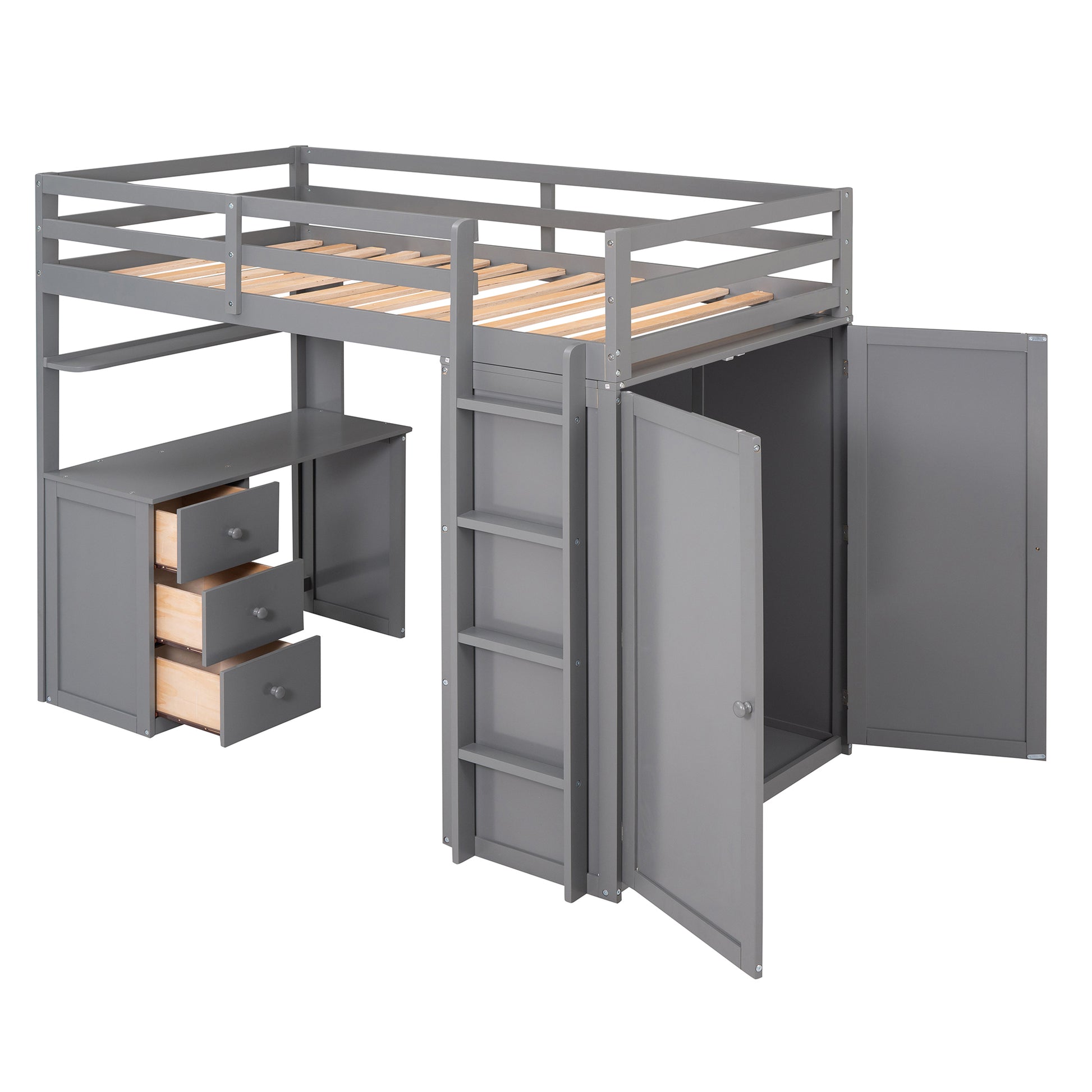 Twin Size Loft Bed With Drawers,Desk,And Wardrobe Gray Gray Solid Wood