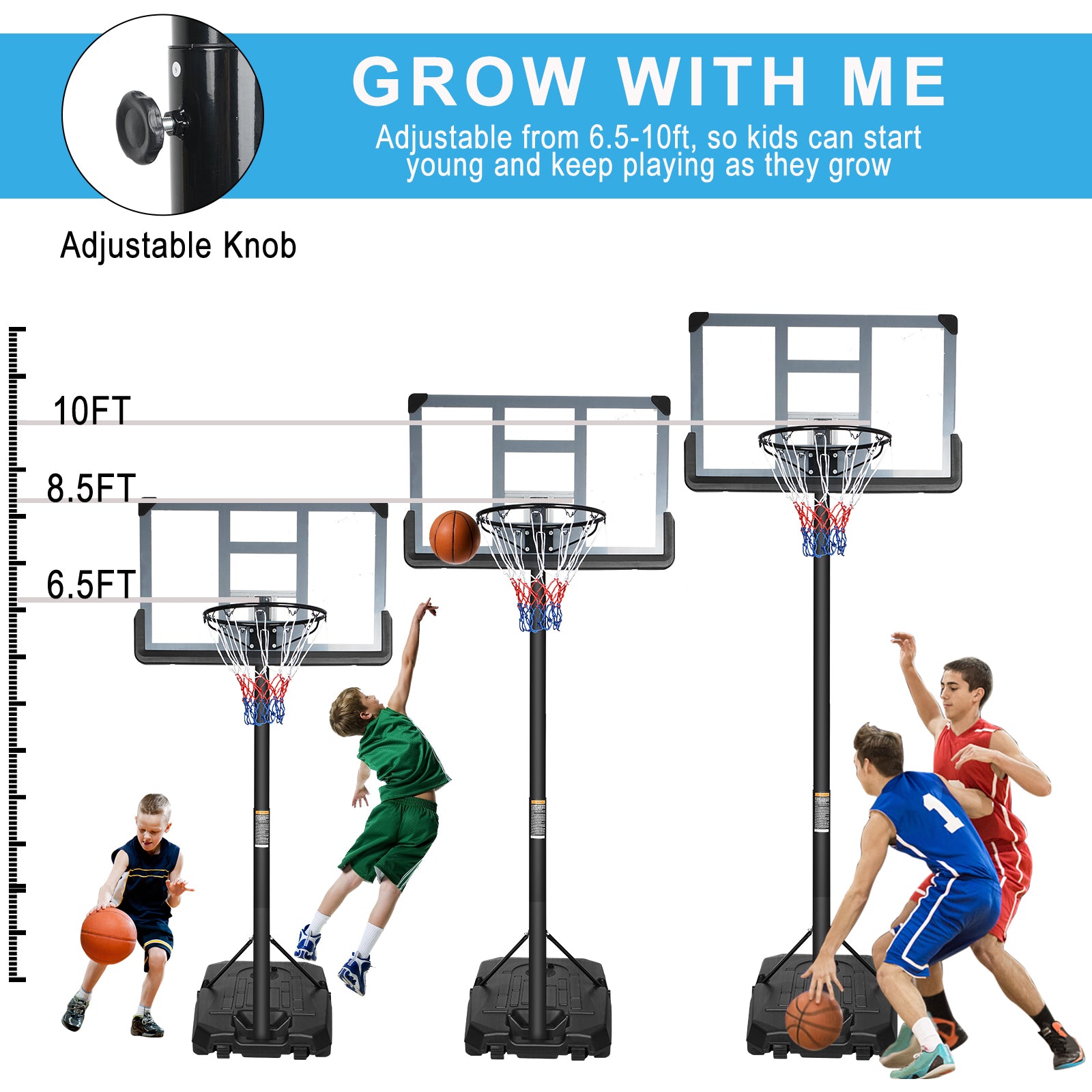 Portable Basketball Hoop Backboard System Stand Height Adjustable 6.6Ft 10Ft With 44 Inch Backboard And Wheels For Adults Teens Outdoor Indoor Basketball Goal Game Play Set Transparent Iron