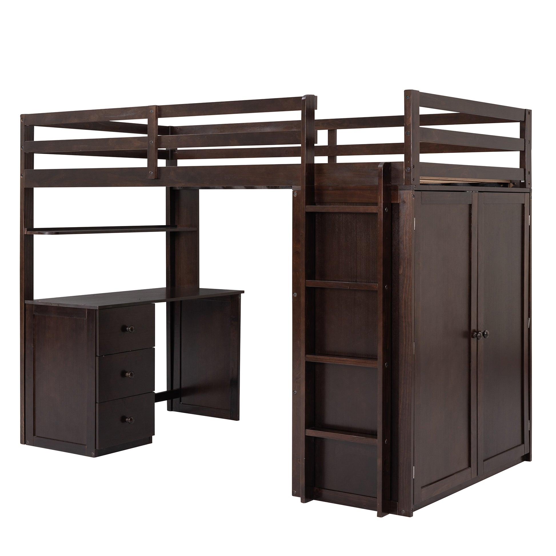 Twin Size Loft Bed With Drawers,Desk,And Wardrobe Espresso Espresso Solid Wood