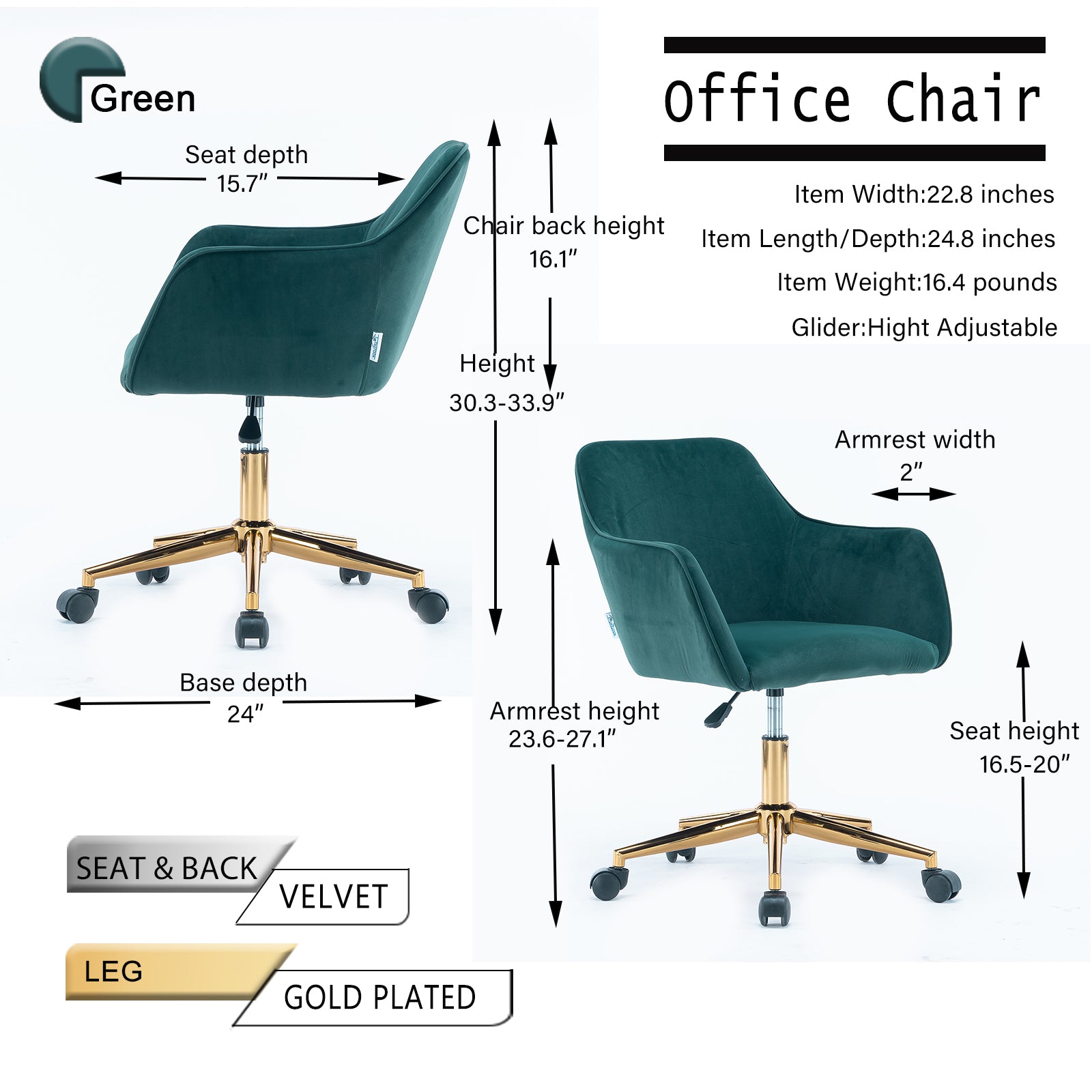 Modern Velvet Fabric Material Adjustable Height 360 Revolving Home Office Chair With Gold Metal Legs And Universal Wheels For Indoor,Dark Green Dark Green Foam Velvet