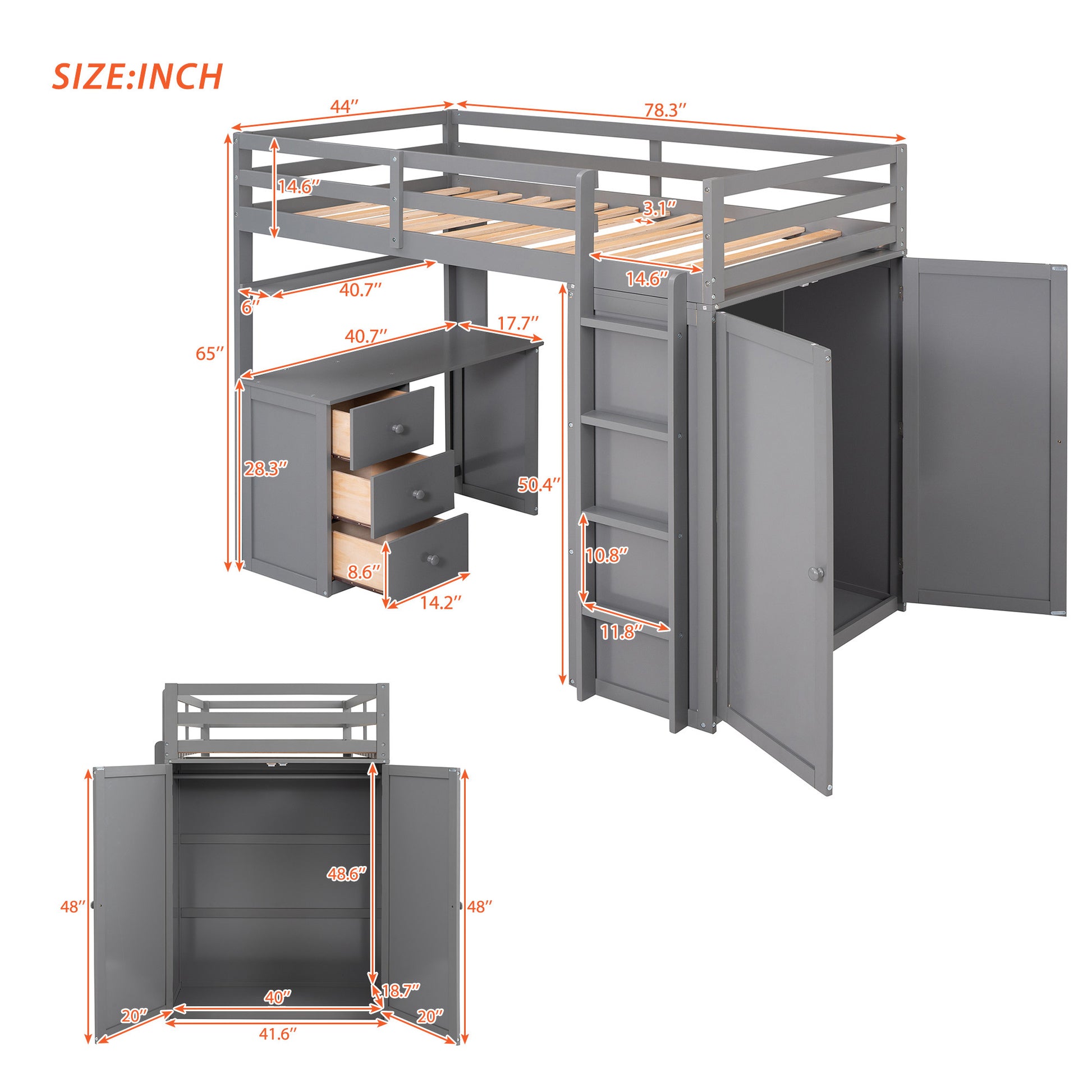 Twin Size Loft Bed With Drawers,Desk,And Wardrobe Gray Gray Solid Wood