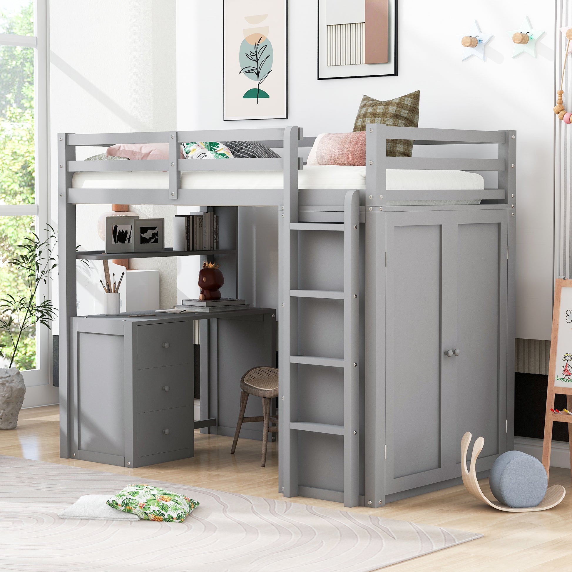 Twin Size Loft Bed With Drawers,Desk,And Wardrobe Gray Gray Solid Wood