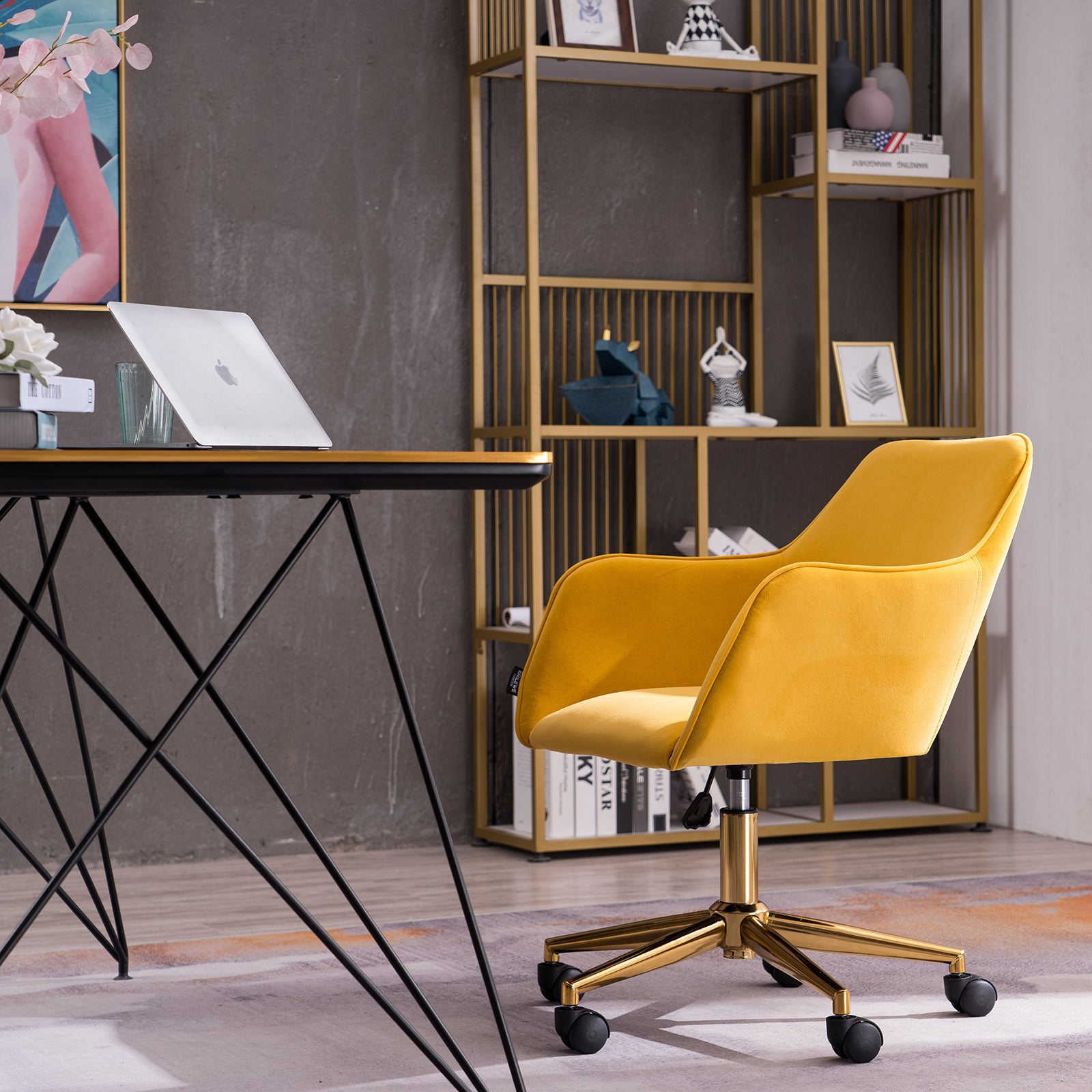 Modern Velvet Fabric Material Adjustable Height 360 Revolving Home Office Chair With Gold Metal Legs And Universal Wheels For Indoor,Yellow Yellow Foam Velvet