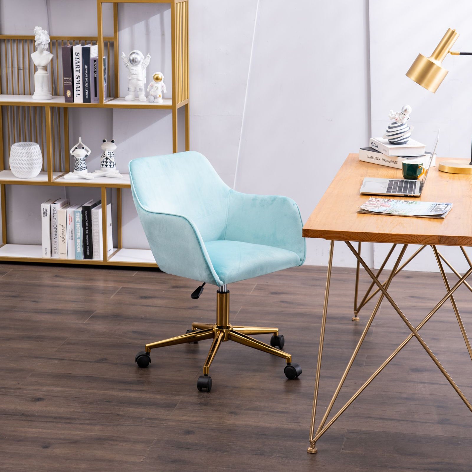 Modern Velvet Fabric Material Adjustable Height 360 Revolving Home Office Chair With Gold Metal Legs And Universal Wheels For Indoor,Aqua Light Blue Light Blue Foam Velvet