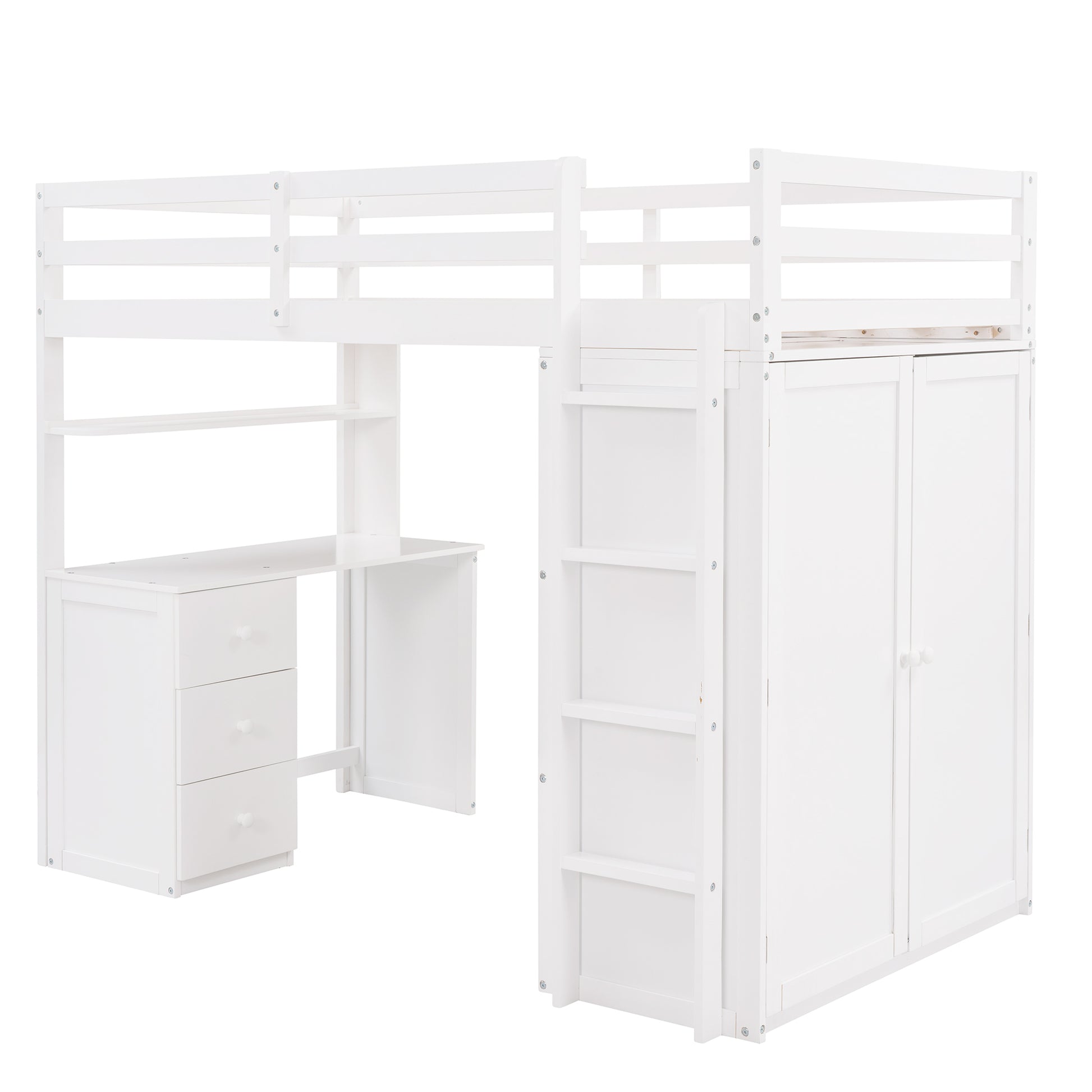 Twin Size Loft Bed With Drawers,Desk,And Wardrobe White White Solid Wood