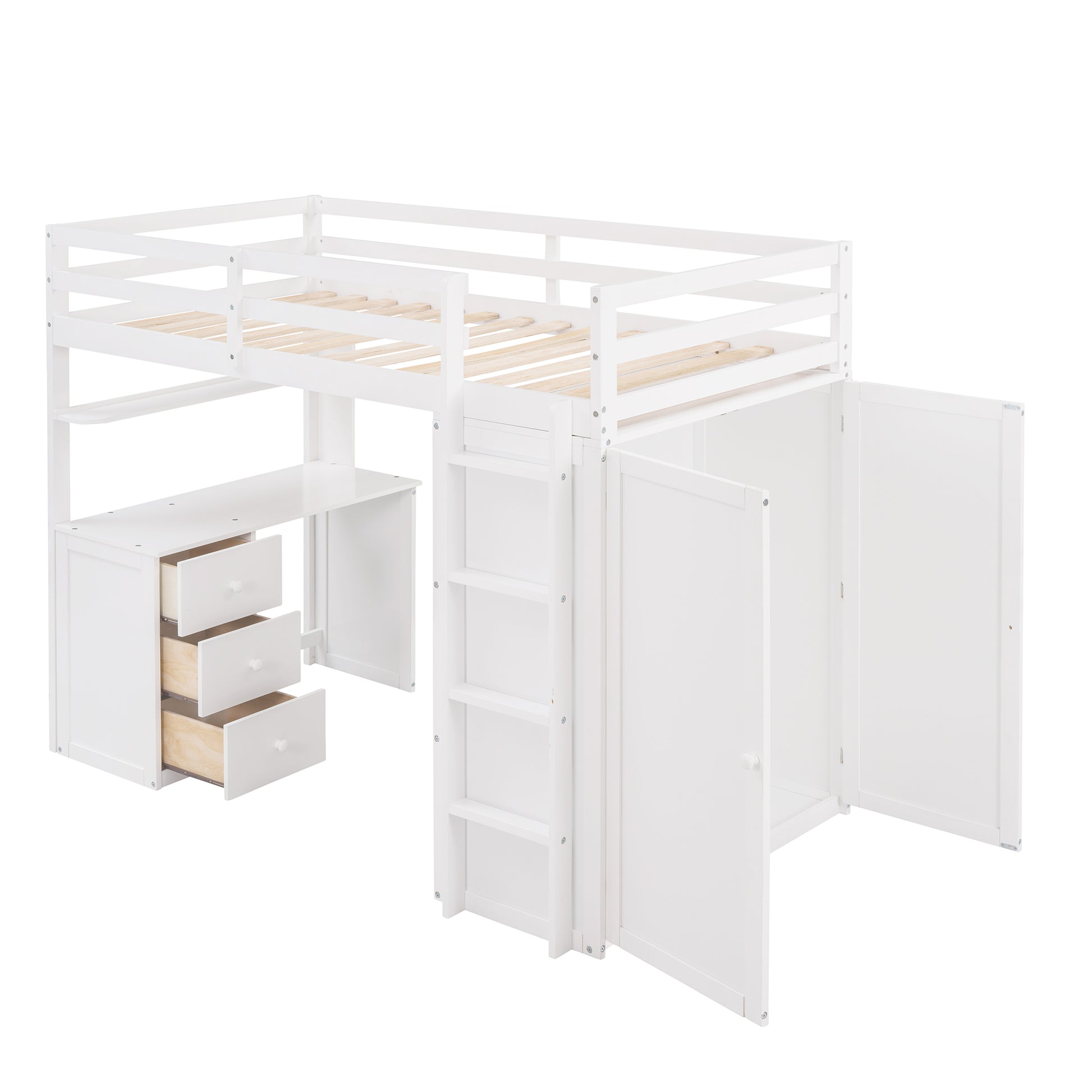 Twin Size Loft Bed With Drawers,Desk,And Wardrobe White White Solid Wood